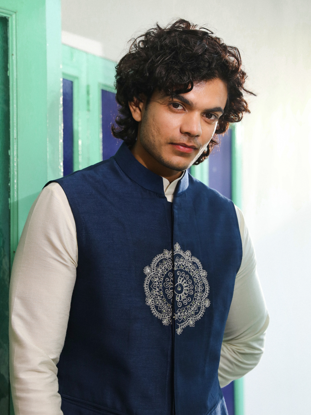 Blue Viscose Silk Jacket at Kamakhyaa by RoohbyRidhimaa. This item is Aangan By RoohbyRidhimaa, Blue, Diwali Wear, Eid Special, Eid Wear, Festive Wear, Indian Wear, Jackets, Men Jackets, Men Overlays, Menswear, Menswear By RoohbyRidhimaa, missing, Regular Fit, Sangeet Function, Traditional Wear, Viscose, Viscose Raw Silk, Wedding Wear, Winter Products, Zari Embroidery