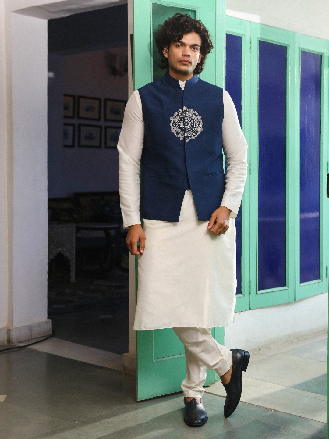 Blue Viscose Silk Jacket at Kamakhyaa by RoohbyRidhimaa. This item is Aangan By RoohbyRidhimaa, Blue, Festive Wear, Jackets, Men Jackets, Menswear By RoohbyRidhimaa, Regular Fit, Viscose Raw Silk, Zari Embroidered