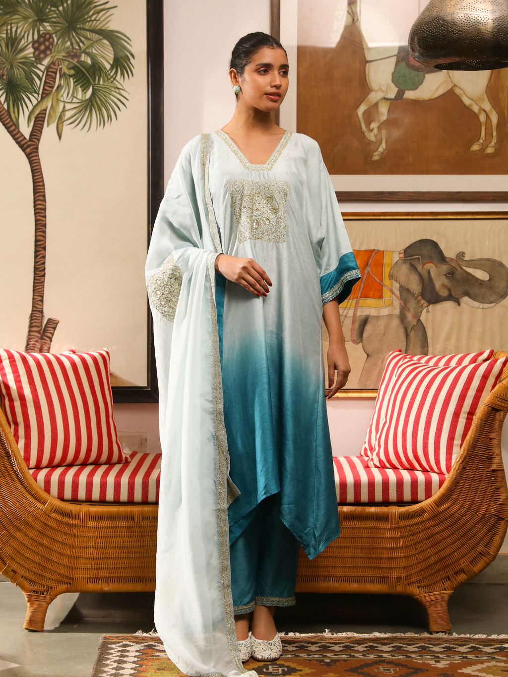 Blue Viscose Silk Kurta Set with Dupatta at Kamakhyaa by RoohbyRidhimaa. This item is Blue, Dupattas, Embroidered, Festive Wear, Kurta Set with Dupattas, Organza, Relaxed Fit, Toxin free, Viscose Silk, Zari Embroidered