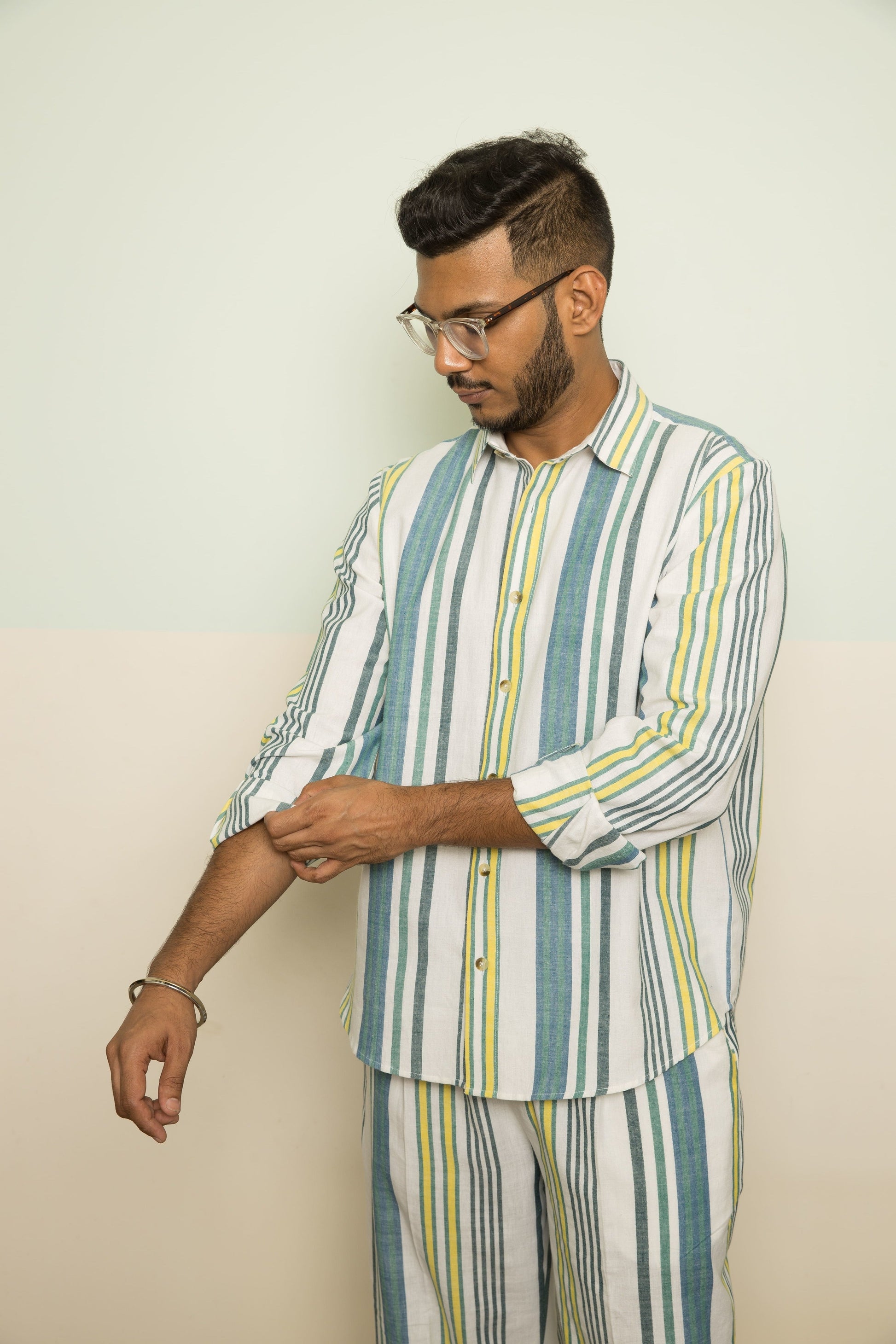 Blue Wanderlust Mens Co-ord at Kamakhyaa by Anushé Pirani. This item is 100% Cotton, Blue, Casual Wear, Handwoven, Handwoven Cotton, Lounge Wear Co-ords, Regular Fit, Stripes, The Co-ord Edit, The Co-ord Edit by Anushe Pirani, Womenswear