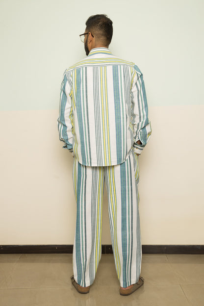 Blue Wanderlust Mens Co-ord at Kamakhyaa by Anushé Pirani. This item is 100% Cotton, Blue, Casual Wear, Handwoven, Handwoven Cotton, Lounge Wear Co-ords, Regular Fit, Stripes, The Co-ord Edit, The Co-ord Edit by Anushe Pirani, Womenswear