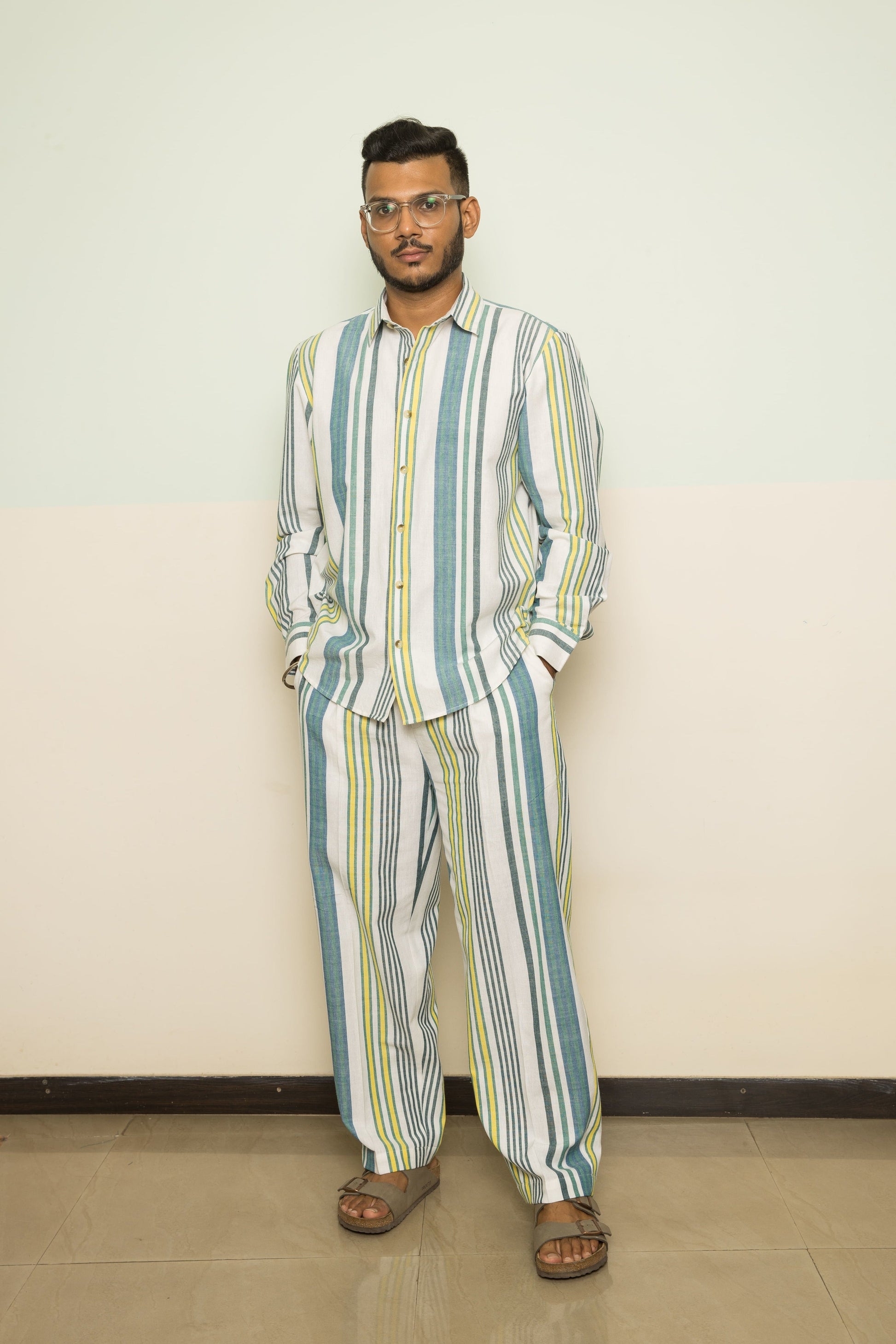 Blue Wanderlust Mens Co-ord at Kamakhyaa by Anushé Pirani. This item is 100% Cotton, Blue, Casual Wear, Handwoven, Handwoven Cotton, Lounge Wear Co-ords, Regular Fit, Stripes, The Co-ord Edit, The Co-ord Edit by Anushe Pirani, Womenswear