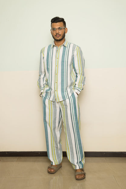 Blue Wanderlust Mens Co-ord at Kamakhyaa by Anushé Pirani. This item is 100% Cotton, Blue, Casual Wear, Handwoven, Handwoven Cotton, Lounge Wear Co-ords, Regular Fit, Stripes, The Co-ord Edit, The Co-ord Edit by Anushe Pirani, Womenswear