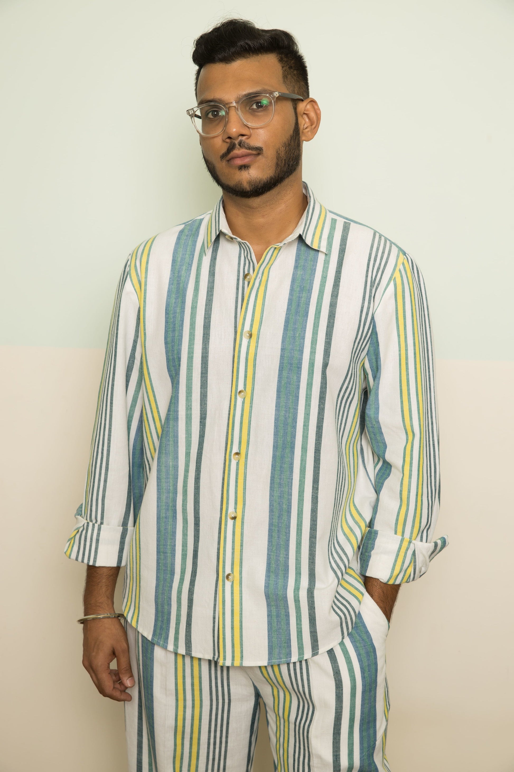 Blue Wanderlust Mens Co-ord at Kamakhyaa by Anushé Pirani. This item is 100% Cotton, Blue, Casual Wear, Handwoven, Handwoven Cotton, Lounge Wear Co-ords, Regular Fit, Stripes, The Co-ord Edit, The Co-ord Edit by Anushe Pirani, Womenswear