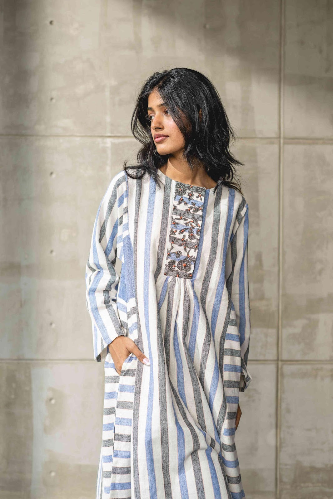 Blue & White Striped Handwoven Cotton Kurta at Kamakhyaa by Araayeh. This item is Artisan Made, Blue, Handwoven Cotton, Kurtas, Relaxed Fit, Stripes, Work Wear