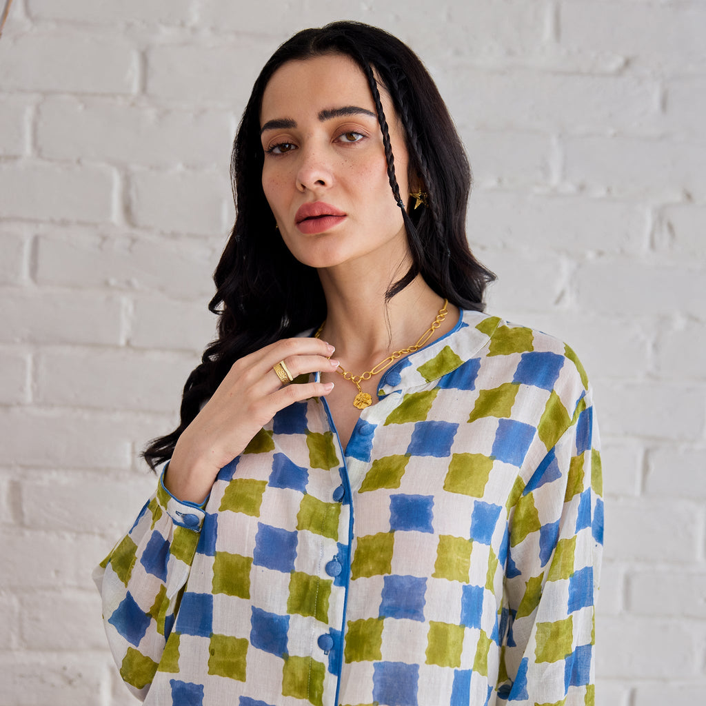 Blue Willow at Kamakhyaa by Taro. This item is Artisan made, Blue, Cotton Mulmul, Shirts, Under $50, Whispers of Summer by Taro