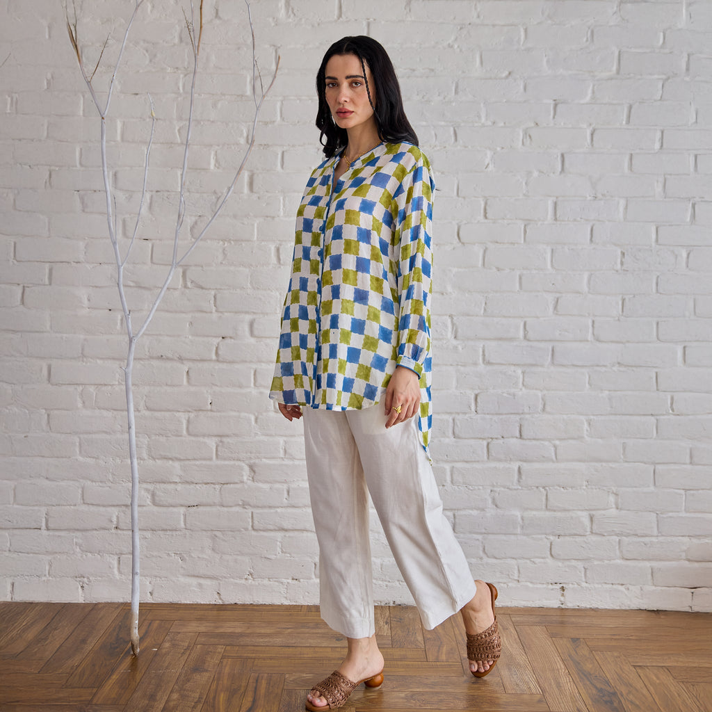 Blue Willow at Kamakhyaa by Taro. This item is Artisan made, Blue, Cotton Mulmul, Shirts, Under $50, Whispers of Summer by Taro