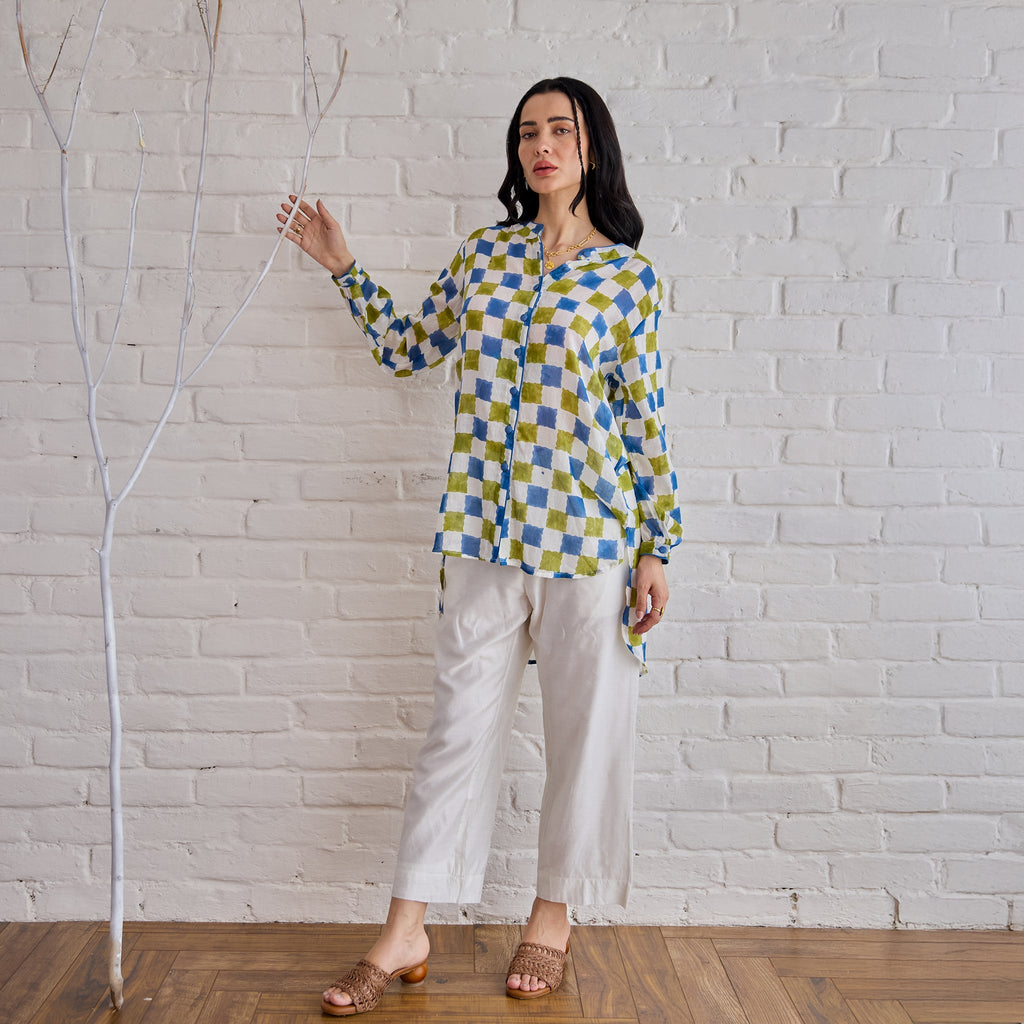 Blue Willow at Kamakhyaa by Taro. This item is Artisan made, Blue, Cotton Mulmul, Shirts, Under $50, Whispers of Summer by Taro