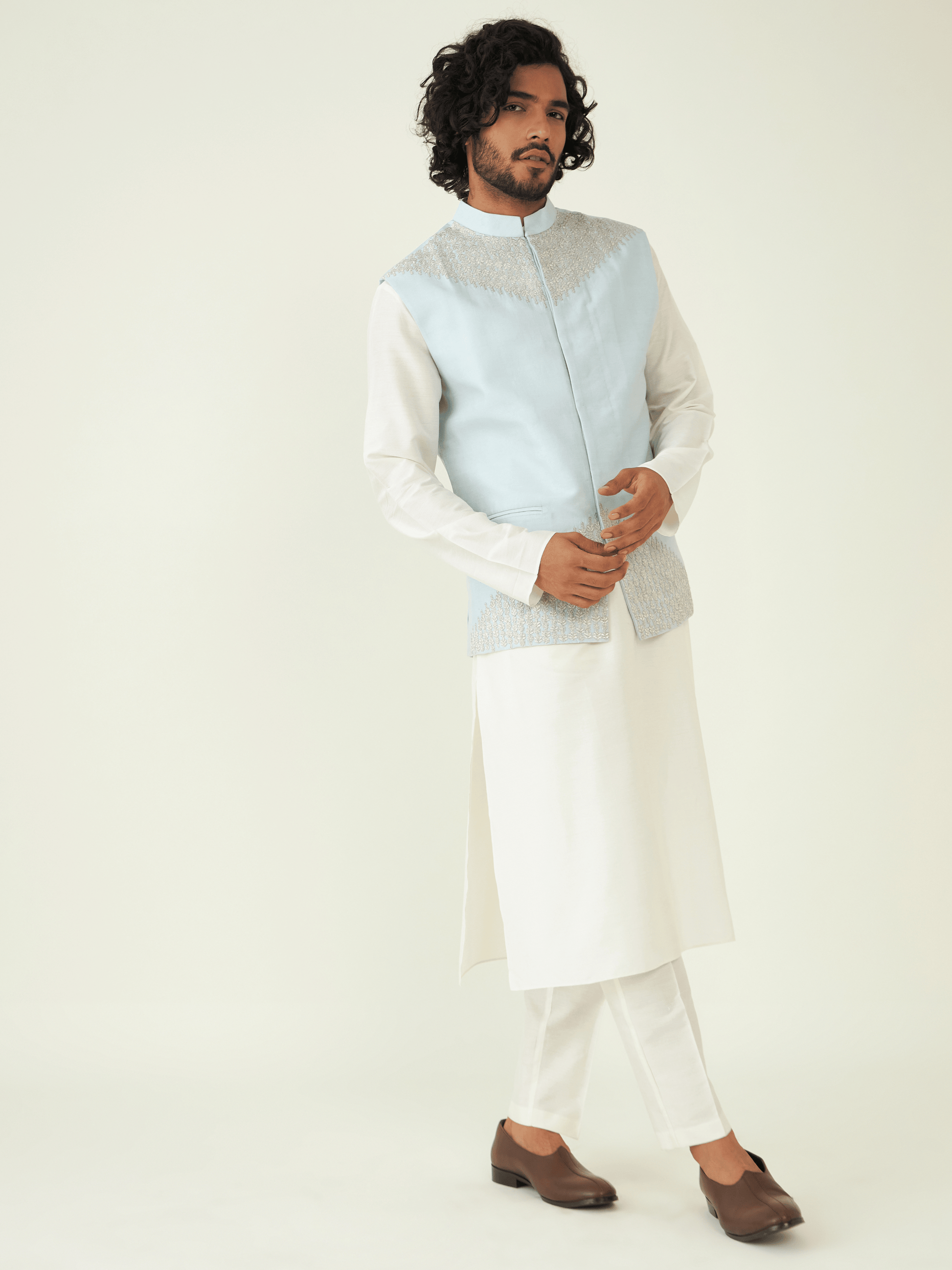 Blue Zardozi Embroidered Silk Jacket at Kamakhyaa by RoohbyRidhimaa. This item is Blue, Chanderi Silk, Festive Wear, Jackets, Men Jackets, Menswear By RoohbyRidhimaa, Qala By RoohbyRidhimaa, Regular Fit, Silk Chanderi, Zardozi Embroidery