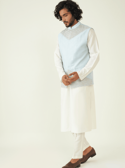 Blue Zardozi Embroidered Silk Jacket at Kamakhyaa by RoohbyRidhimaa. This item is Blue, Chanderi Silk, Festive Wear, Jackets, Men Jackets, Menswear By RoohbyRidhimaa, Qala By RoohbyRidhimaa, Regular Fit, Silk Chanderi, Zardozi Embroidery