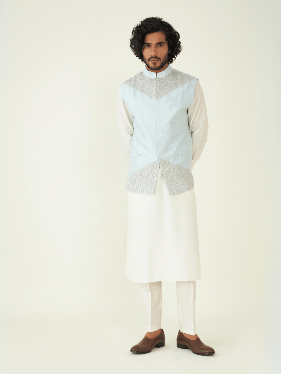 Blue Zardozi Embroidered Silk Jacket at Kamakhyaa by RoohbyRidhimaa. This item is Blue, Chanderi Silk, Festive Wear, Jackets, Men Jackets, Menswear By RoohbyRidhimaa, Qala By RoohbyRidhimaa, Regular Fit, Silk Chanderi, Zardozi Embroidery