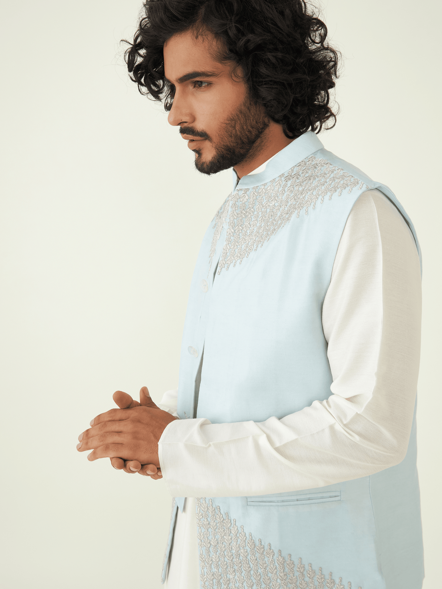 Blue Zardozi Embroidered Silk Jacket at Kamakhyaa by RoohbyRidhimaa. This item is Blue, Chanderi Silk, Festive Wear, Jackets, Men Jackets, Menswear By RoohbyRidhimaa, Qala By RoohbyRidhimaa, Regular Fit, Silk Chanderi, Zardozi Embroidery