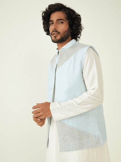 Blue Zardozi Embroidered Silk Jacket at Kamakhyaa by RoohbyRidhimaa. This item is Blue, Chanderi Silk, Festive Wear, Jackets, Men Jackets, Menswear By RoohbyRidhimaa, Qala By RoohbyRidhimaa, Regular Fit, Silk Chanderi, Zardozi Embroidery