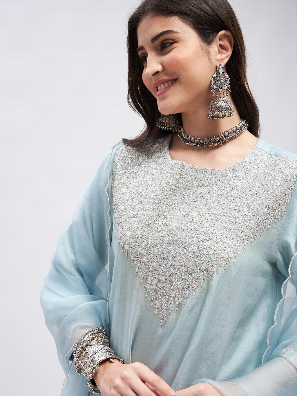 Blue Zari Embroidered Chanderi Silk Kurta Set with Dupatta at Kamakhyaa by RoohbyRidhimaa. This item is Blue, Casual Wear, Chanderi Silk, Cotton, Dupattas, Embroidered, Kurta Set with Dupattas, Kurta Sets, Organza, Relaxed Fit, Silk Chanderi, Toxin free, Zari Embroidered