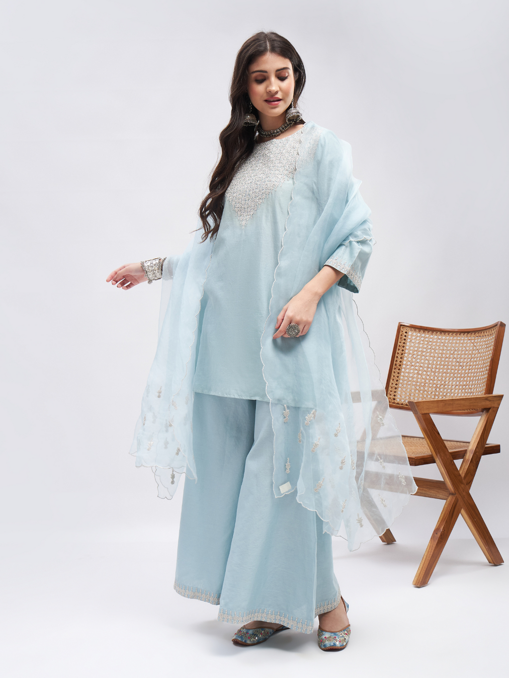 Blue Zari Embroidered Chanderi Silk Kurta Set with Dupatta at Kamakhyaa by RoohbyRidhimaa. This item is Blue, Casual Wear, Chanderi Silk, Cotton, Dupattas, Embroidered, Kurta Set with Dupattas, Kurta Sets, Organza, Relaxed Fit, Silk Chanderi, Toxin free, Zari Embroidered