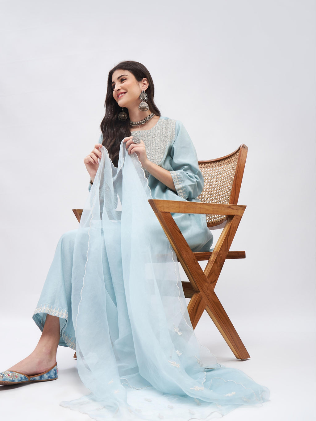 Blue Zari Embroidered Chanderi Silk Kurta Set with Dupatta at Kamakhyaa by RoohbyRidhimaa. This item is Blue, Casual Wear, Chanderi Silk, Cotton, Dupattas, Embroidered, Kurta Set with Dupattas, Kurta Sets, Organza, Relaxed Fit, Silk Chanderi, Toxin free, Zari Embroidered