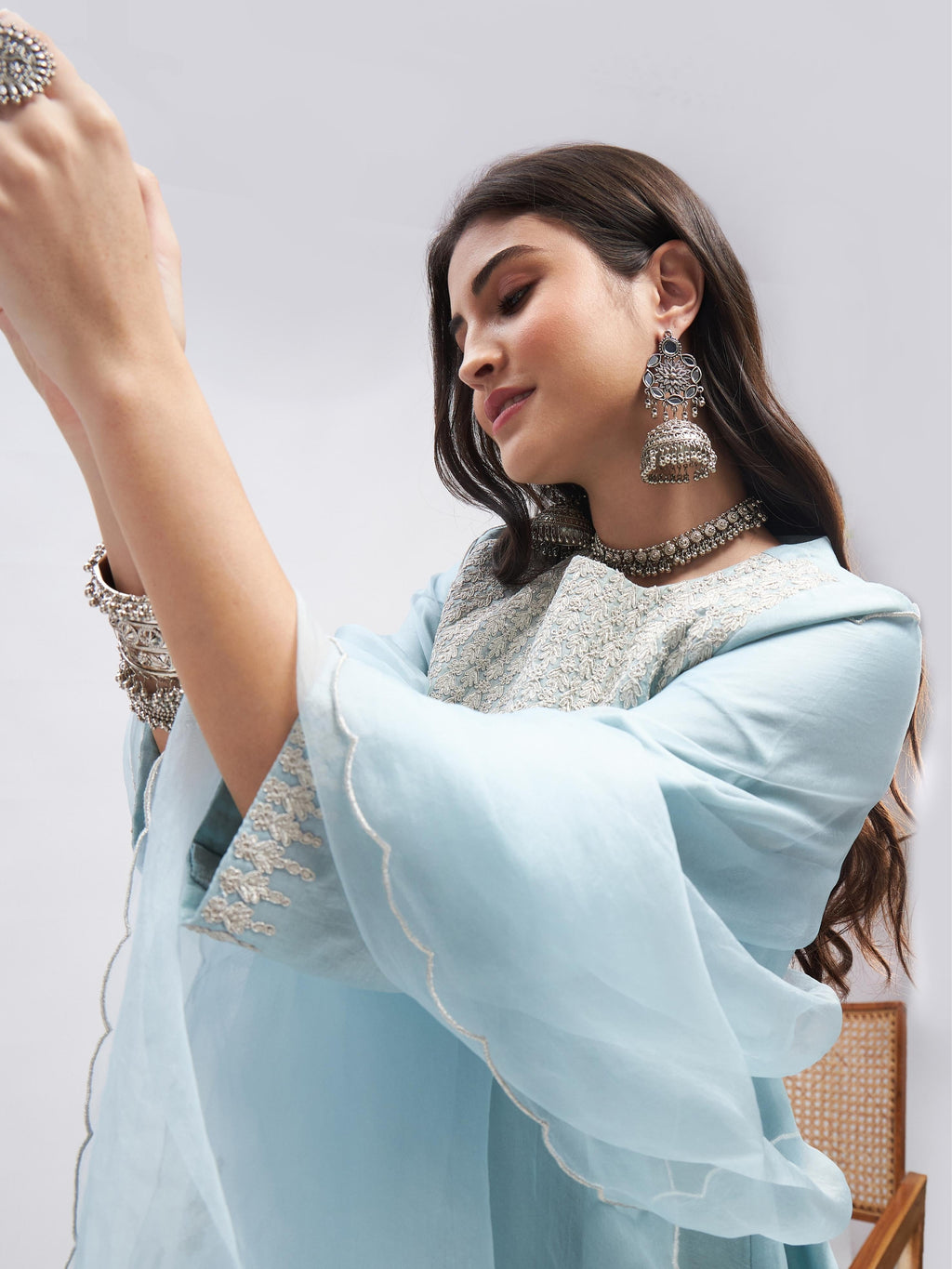 Blue Zari Embroidered Chanderi Silk Kurta Set with Dupatta at Kamakhyaa by RoohbyRidhimaa. This item is Blue, Casual Wear, Chanderi Silk, Cotton, Dupattas, Embroidered, Kurta Set with Dupattas, Kurta Sets, Organza, Relaxed Fit, Silk Chanderi, Toxin free, Zari Embroidered