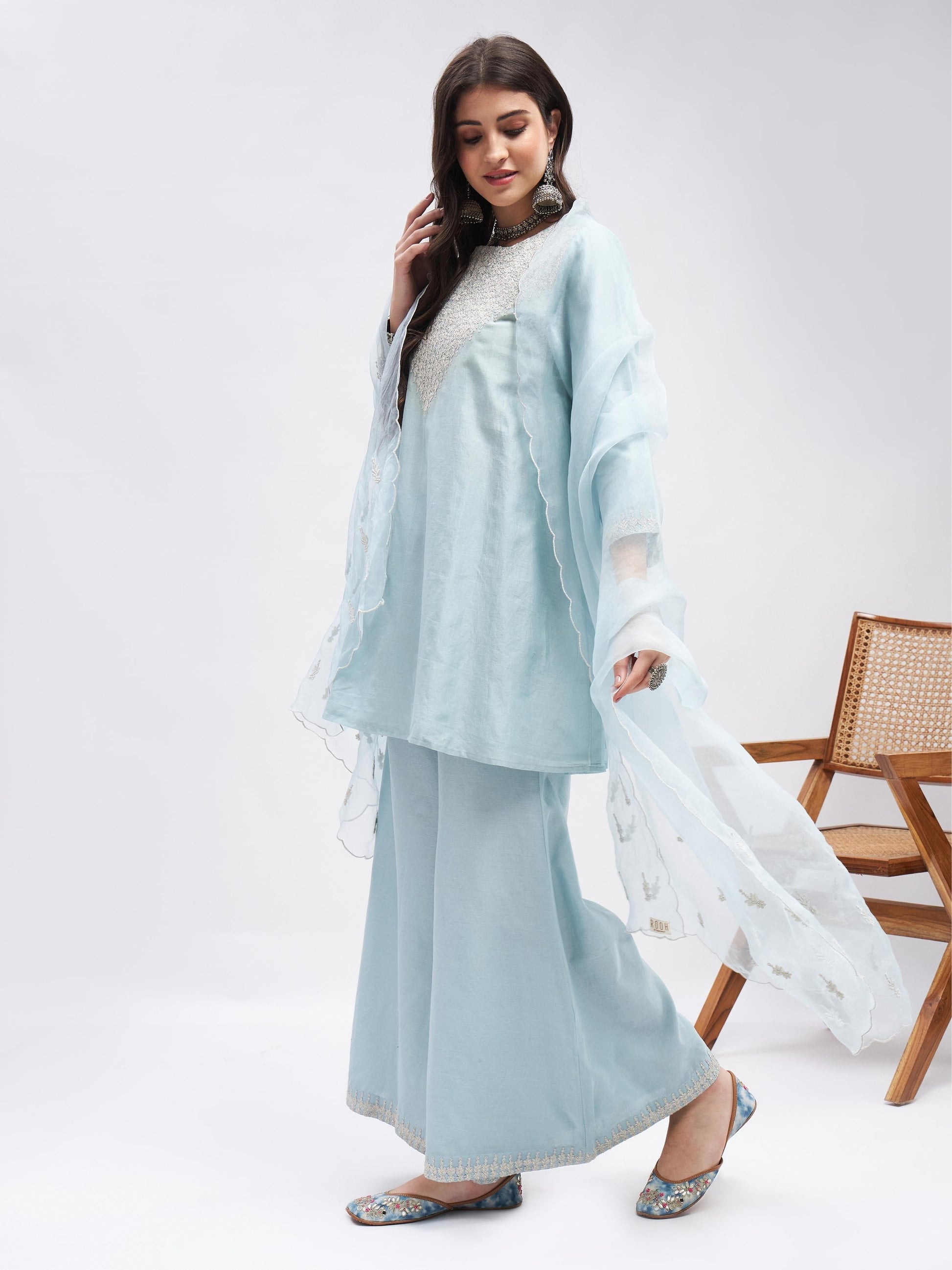 Blue Zari Embroidered Chanderi Silk Kurta Set with Dupatta at Kamakhyaa by RoohbyRidhimaa. This item is Blue, Casual Wear, Chanderi Silk, Cotton, Dupattas, Embroidered, Kurta Set with Dupattas, Kurta Sets, Organza, Relaxed Fit, Silk Chanderi, Toxin free, Zari Embroidered