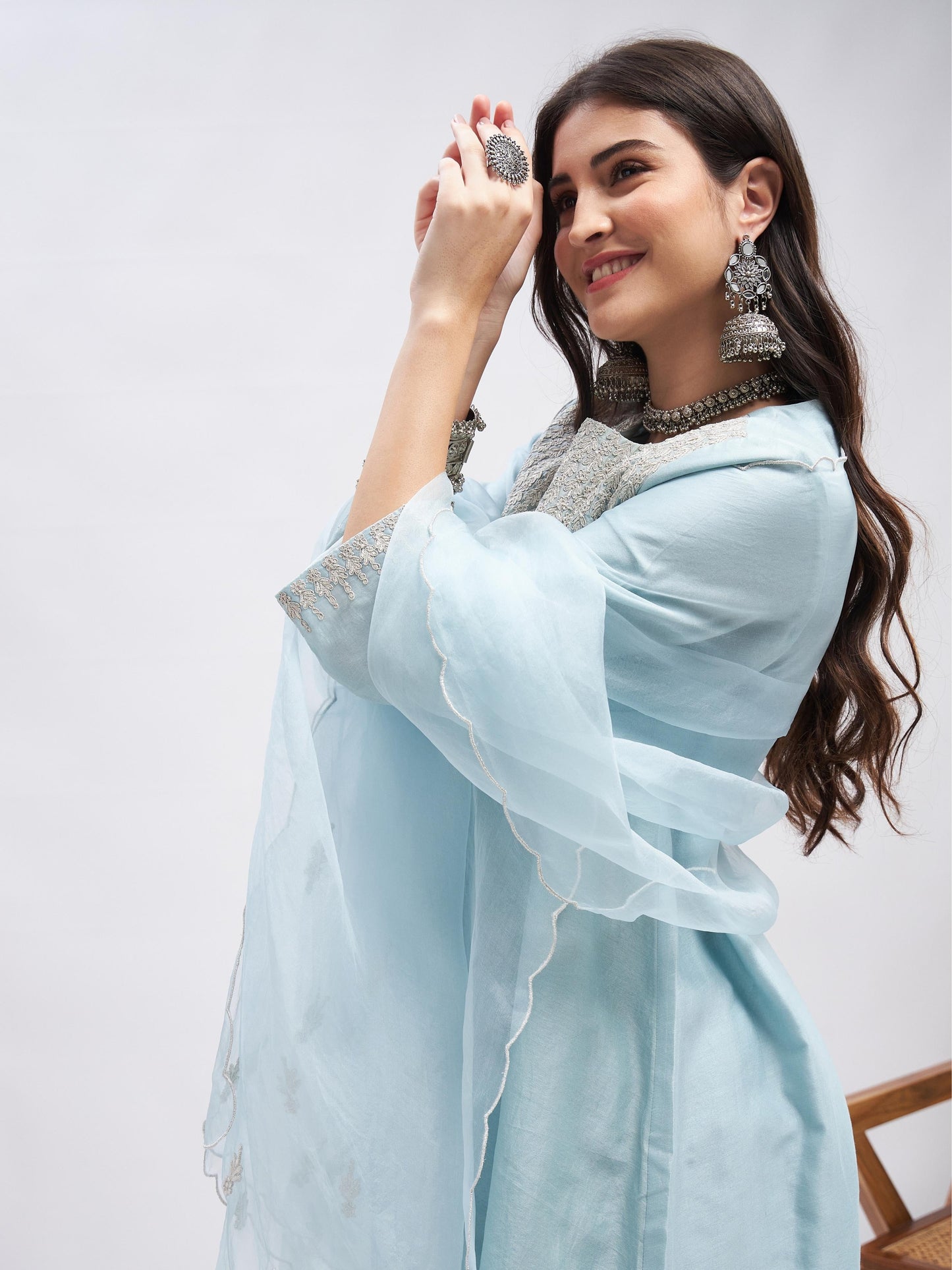 Blue Zari Embroidered Chanderi Silk Kurta Set with Dupatta at Kamakhyaa by RoohbyRidhimaa. This item is Blue, Casual Wear, Chanderi Silk, Cotton, Dupattas, Embroidered, Kurta Set with Dupattas, Kurta Sets, Organza, Relaxed Fit, Silk Chanderi, Toxin free, Zari Embroidered