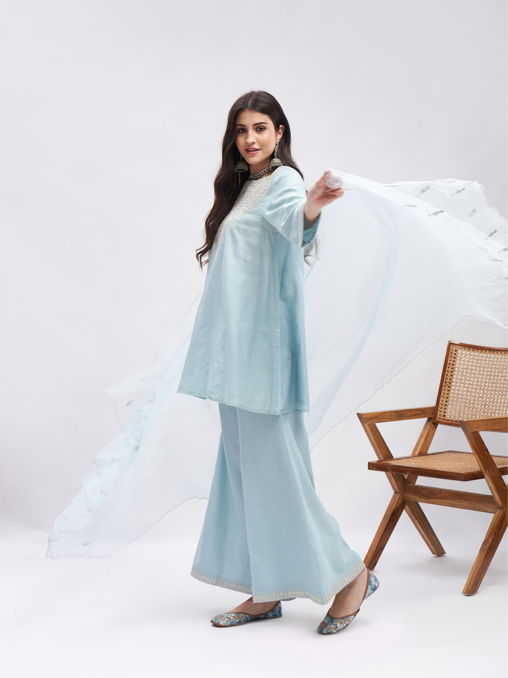 Blue Zari Embroidered Chanderi Silk Kurta Set with Dupatta at Kamakhyaa by RoohbyRidhimaa. This item is Blue, Casual Wear, Chanderi Silk, Cotton, Dupattas, Embroidered, Kurta Set with Dupattas, Kurta Sets, Organza, Relaxed Fit, Silk Chanderi, Toxin free, Zari Embroidered