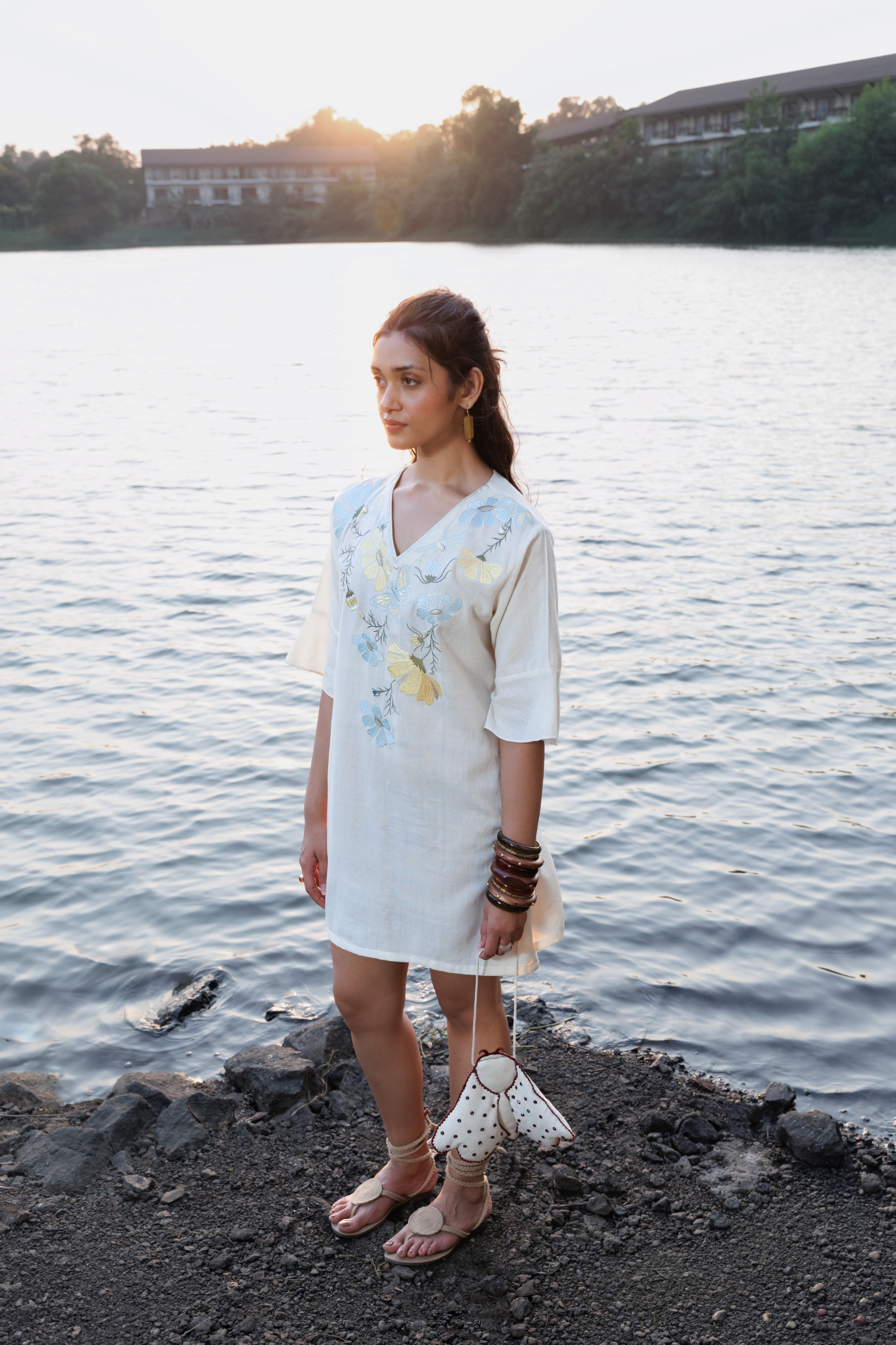 Blue floral Embroidered Short Kaftan Dress at kamakhyaa.com by Akashi Clothing. This item is Cosmos by Akashi Clothing, Internal Tags Missing, Under $100