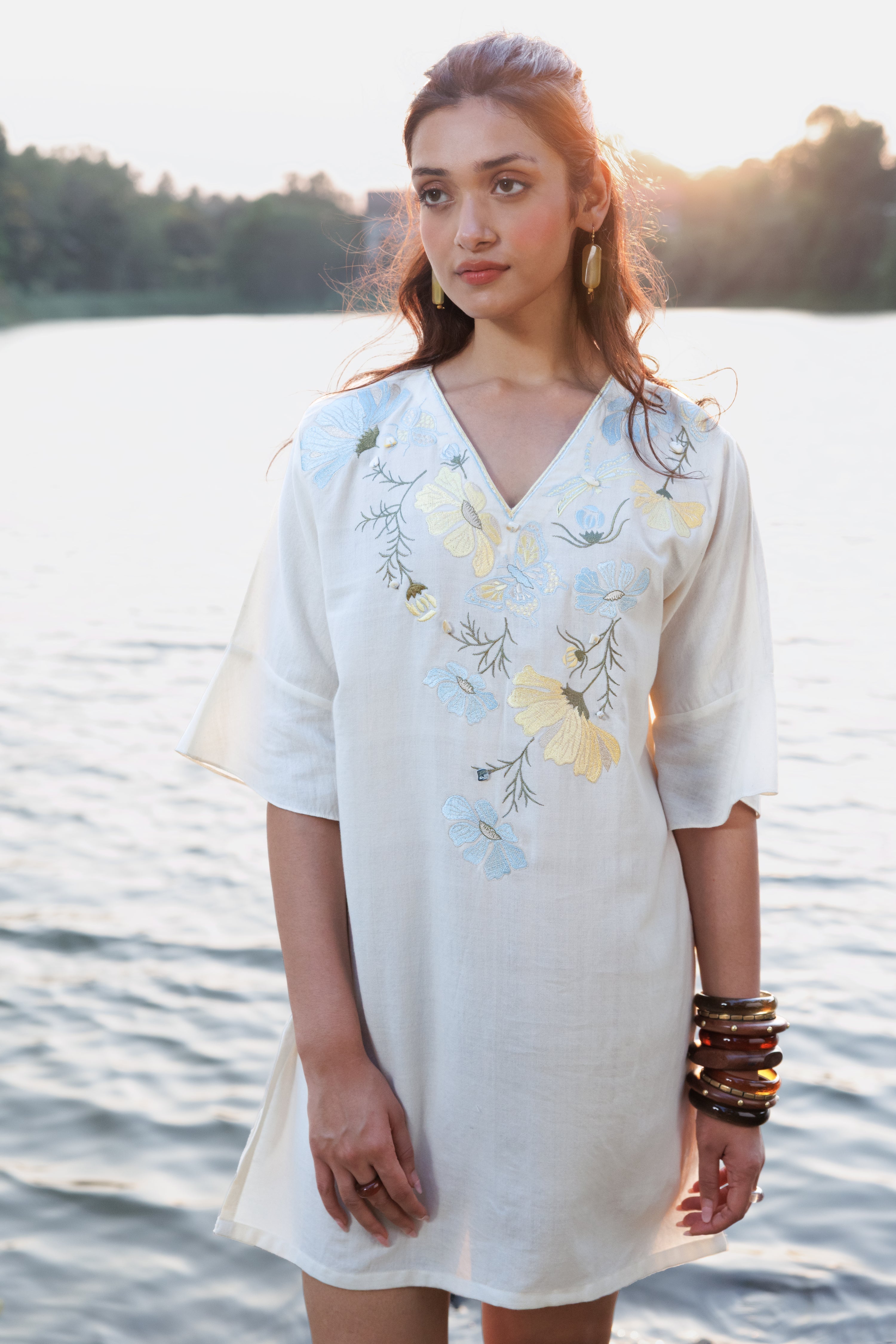 Blue floral Embroidered Short Kaftan Dress at kamakhyaa.com by Akashi Clothing. This item is Cosmos by Akashi Clothing, Internal Tags Missing, Under $100