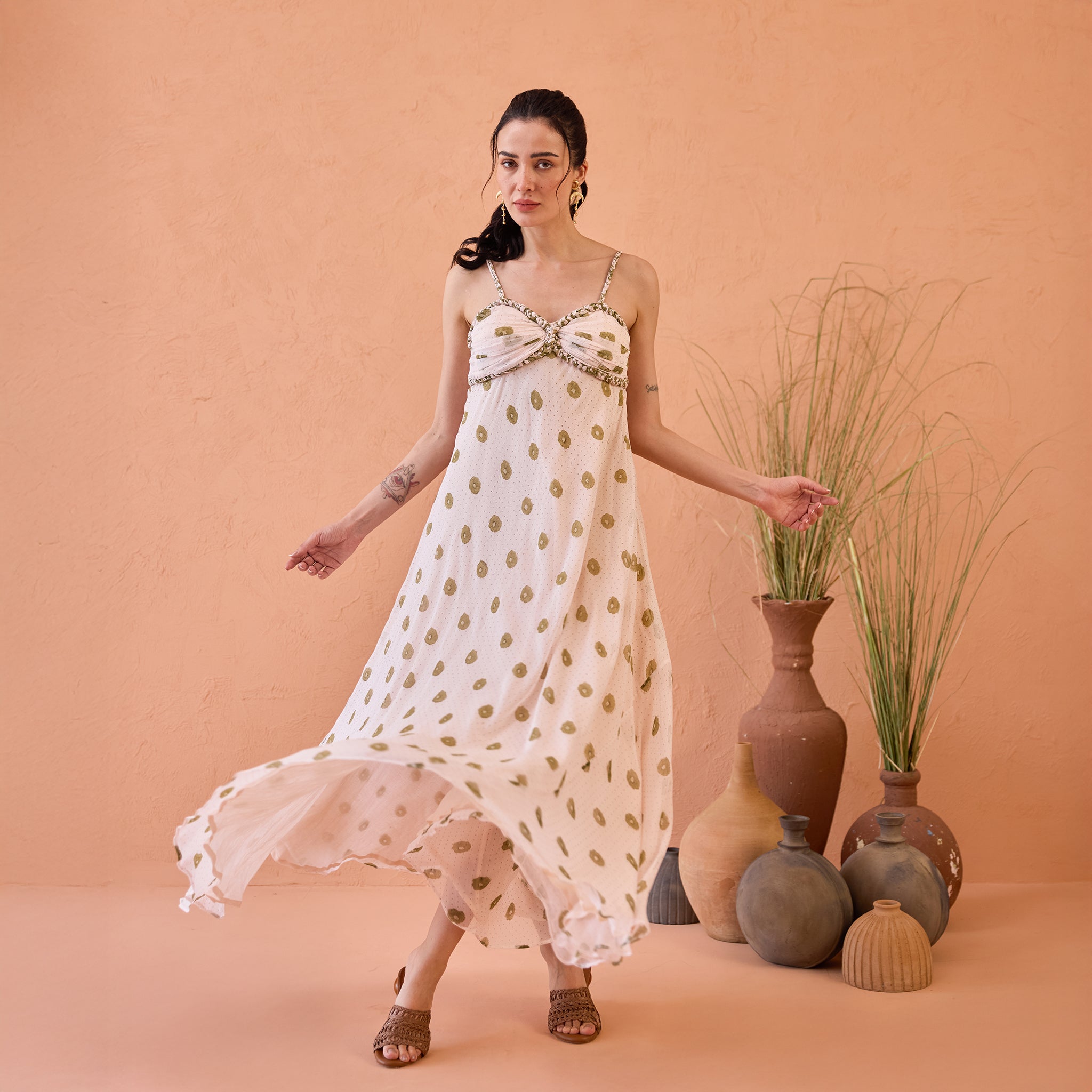 Blush Bloom at Kamakhyaa by Taro. This item is Artisan made, Beige, Chiffon, Dresses, Handblock Printed, Indie Bloom by Taro, Pink, Relaxed Fit, Sleeveless Dresses