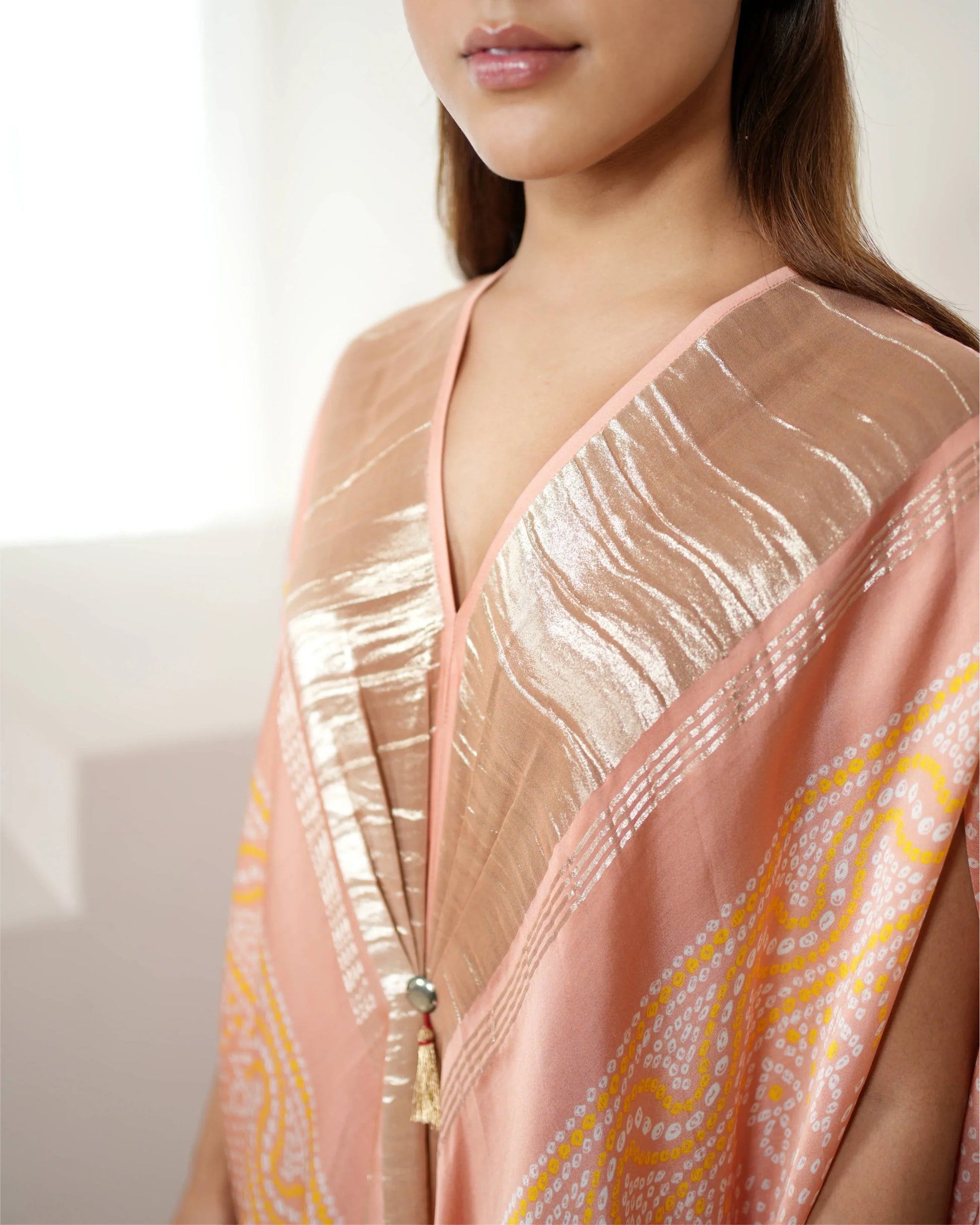 Blush Pink Tunic Kaftan at Kamakhyaa by Mayura Kumar. This item is Bandhej, Bandhej Bandhini Mixology by Mayura Kumar, Dry clean, Festive Wear, Modal, Modal Satin Silk, Pink, Relaxed Fit, Satin Silk, Silk, Tie-Dye