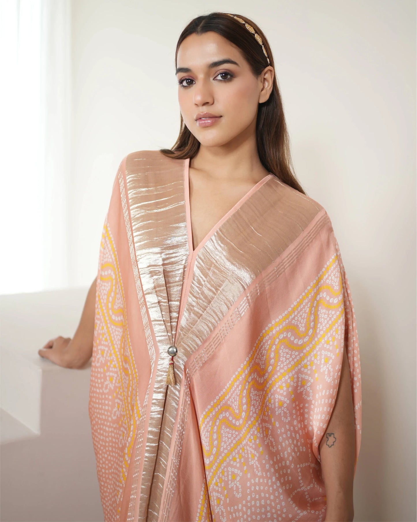 Blush Pink Tunic Kaftan at Kamakhyaa by Mayura Kumar. This item is Bandhej, Bandhej Bandhini Mixology by Mayura Kumar, Dry clean, Festive Wear, Modal, Modal Satin Silk, Pink, Relaxed Fit, Satin Silk, Silk, Tie-Dye