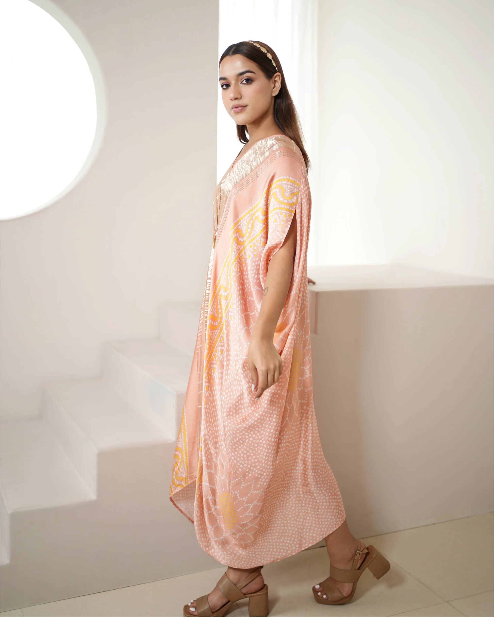 Blush Pink Tunic Kaftan at Kamakhyaa by Mayura Kumar. This item is Bandhej, Bandhej Bandhini Mixology by Mayura Kumar, Dry clean, Festive Wear, Modal, Modal Satin Silk, Pink, Relaxed Fit, Satin Silk, Silk, Tie-Dye