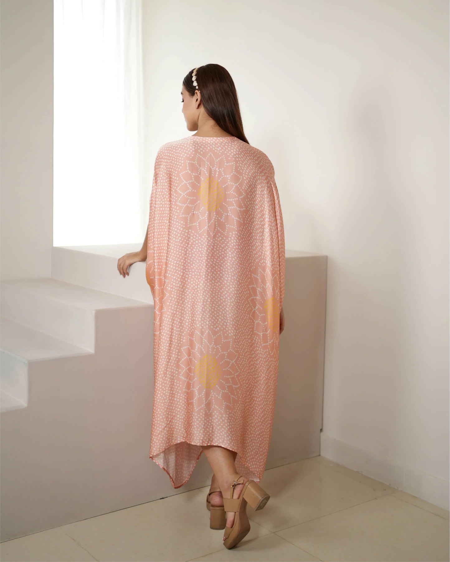 Blush Pink Tunic Kaftan at Kamakhyaa by Mayura Kumar. This item is Bandhej, Bandhej Bandhini Mixology by Mayura Kumar, Dry clean, Festive Wear, Modal, Modal Satin Silk, Pink, Relaxed Fit, Satin Silk, Silk, Tie-Dye