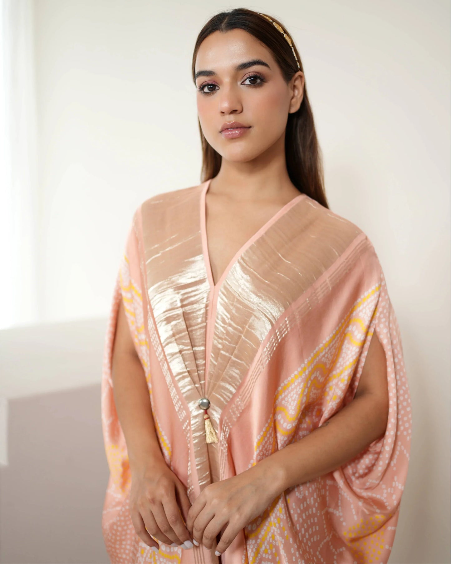 Blush Pink Tunic Kaftan at Kamakhyaa by Mayura Kumar. This item is Bandhej, Bandhej Bandhini Mixology by Mayura Kumar, Dry clean, Festive Wear, Modal, Modal Satin Silk, Pink, Relaxed Fit, Satin Silk, Silk, Tie-Dye