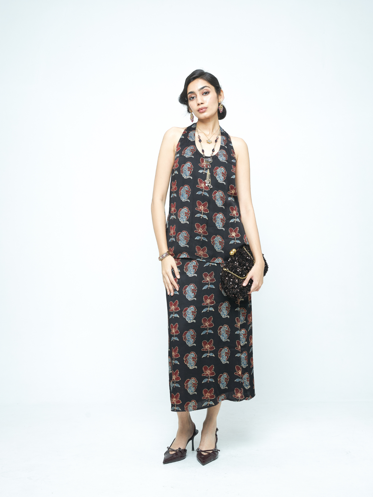 Bold Halter at Kamakhyaa by Anushé Pirani. This item is Bloom After Dark by Anushe Pirani, Midnight Blueprint, Tops & Shirts, Under $50, Woman co-ord sets, Womenswear