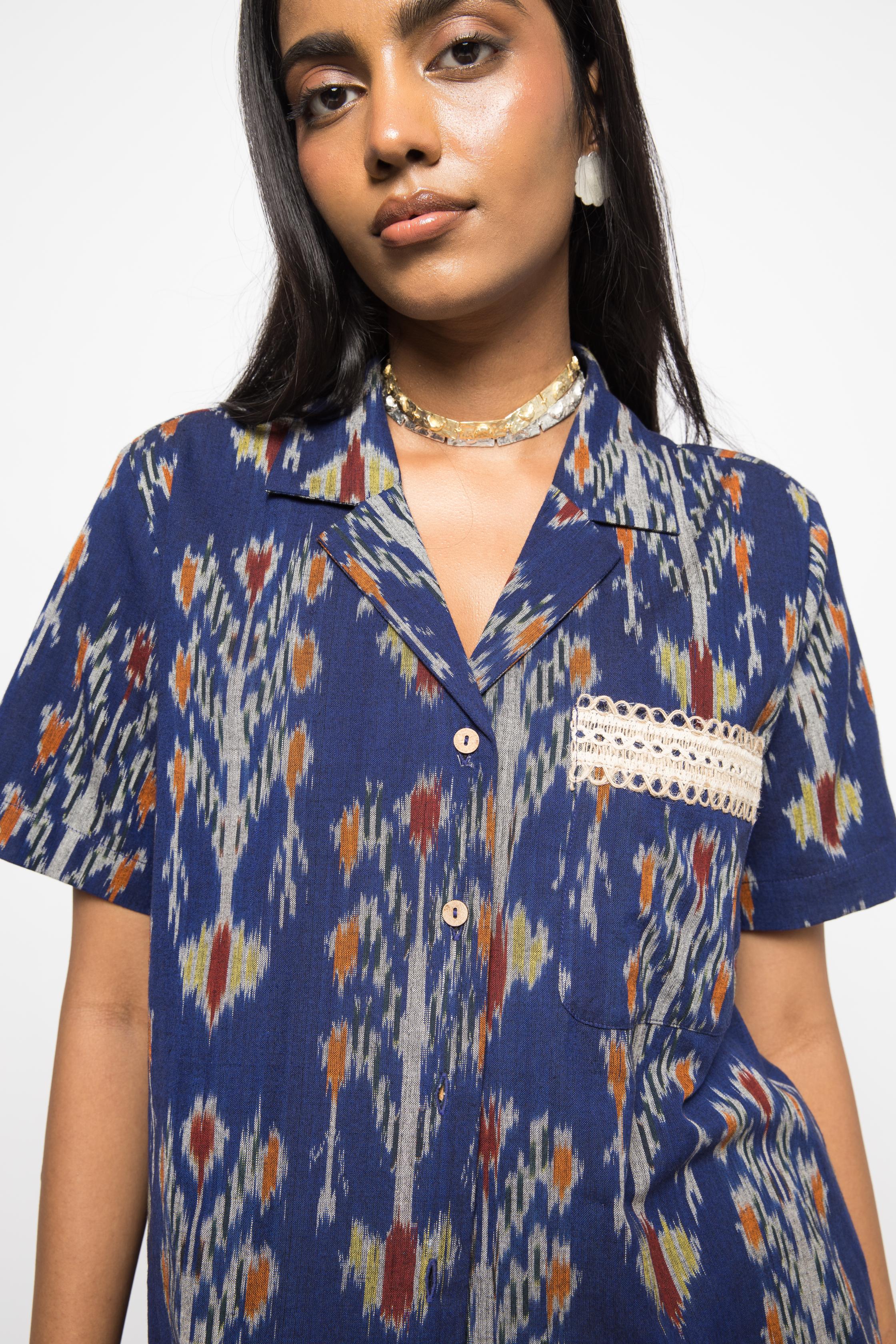 Boxy Breeze Shirt at kamakhyaa.com by Anushé Pirani. This item is 100% Cotton, Beach Wear, Blue, Casual Wear, Console Collection List, Cotton, Fresh Ink by Anushe Pirani, Handwoven cotton, Ikat Prints, Regular Fit, Royal Blue, Vacation Wear, Womenswear