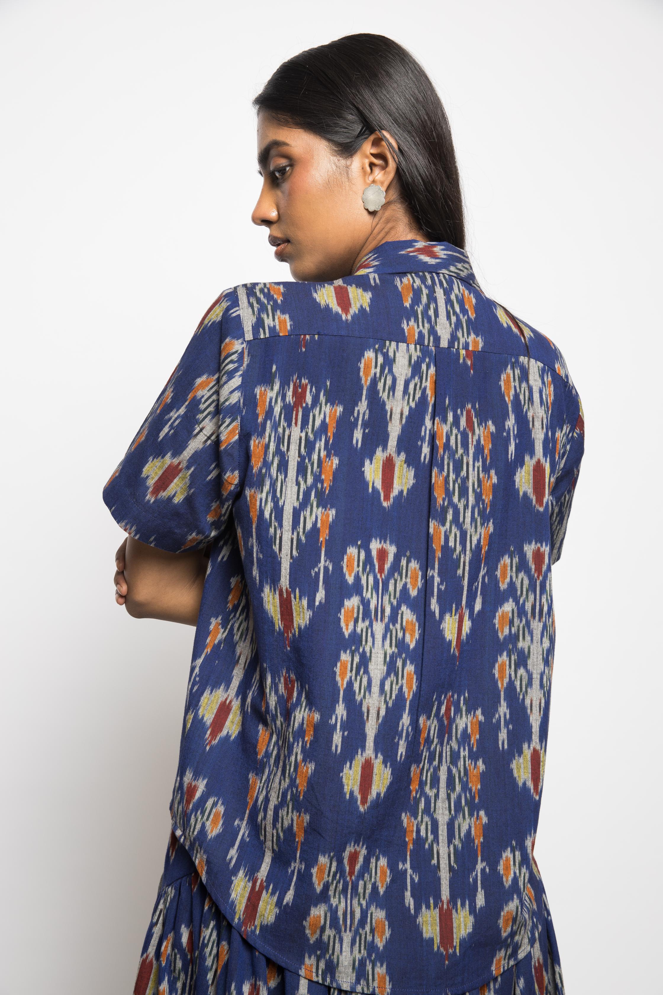 Boxy Breeze Shirt at kamakhyaa.com by Anushé Pirani. This item is 100% Cotton, Beach Wear, Blue, Casual Wear, Console Collection List, Cotton, Fresh Ink by Anushe Pirani, Handwoven cotton, Ikat Prints, Regular Fit, Royal Blue, Vacation Wear, Womenswear