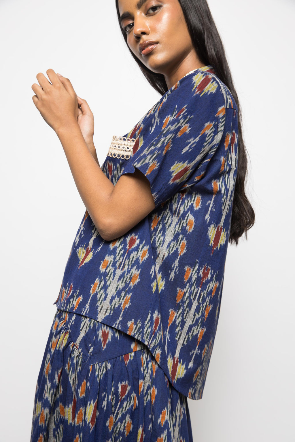 Boxy Breeze Shirt at kamakhyaa.com by Anushé Pirani. This item is 100% Cotton, Beach Wear, Blue, Casual Wear, Console Collection List, Cotton, Fresh Ink by Anushe Pirani, Handwoven cotton, Ikat Prints, Regular Fit, Royal Blue, Vacation Wear, Womenswear