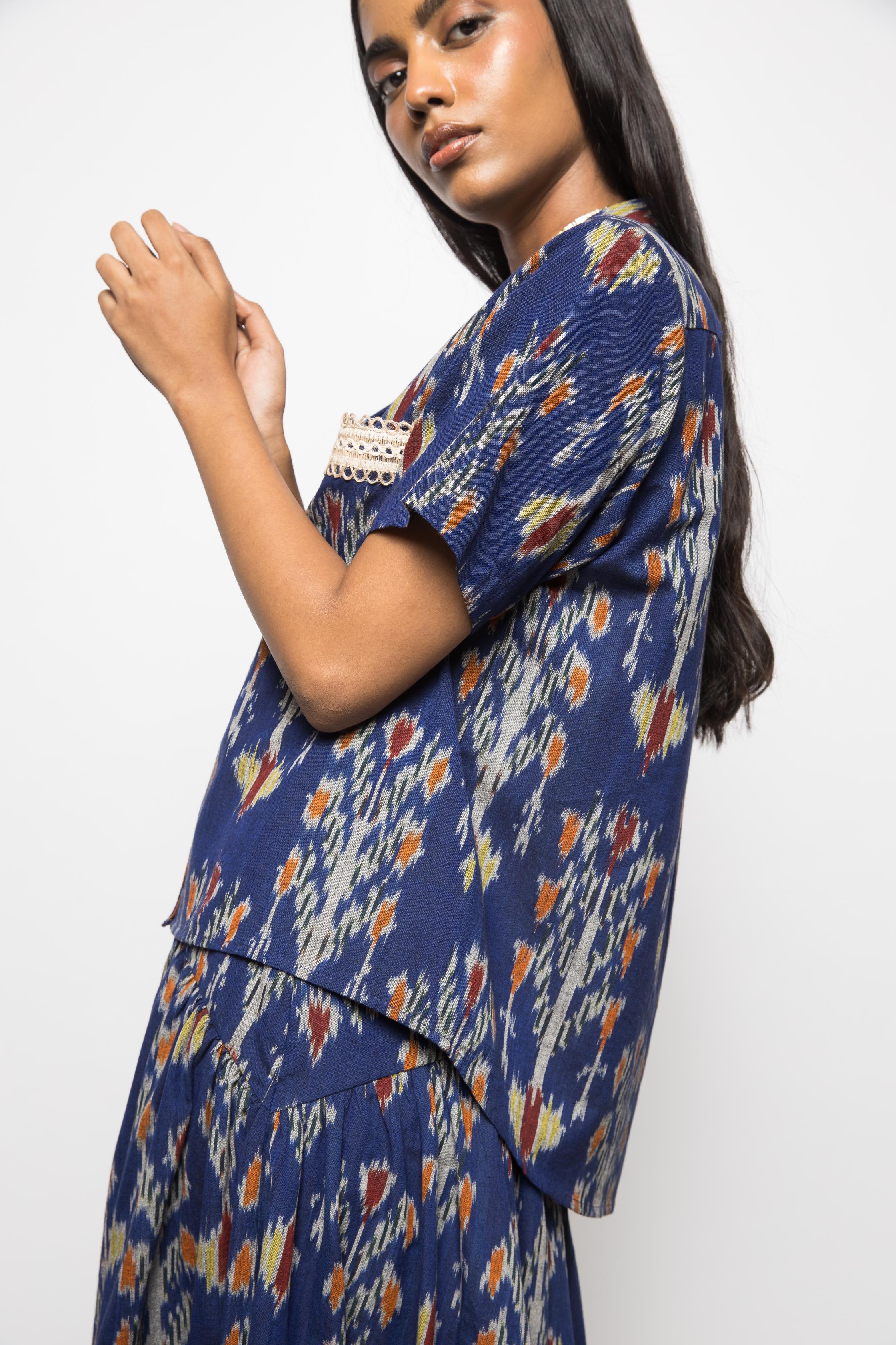 Boxy Breeze Shirt at kamakhyaa.com by Anushé Pirani. This item is 100% Cotton, Beach Wear, Blue, Casual Wear, Console Collection List, Cotton, Fresh Ink by Anushe Pirani, Handwoven cotton, Ikat Prints, Regular Fit, Royal Blue, Vacation Wear, Womenswear