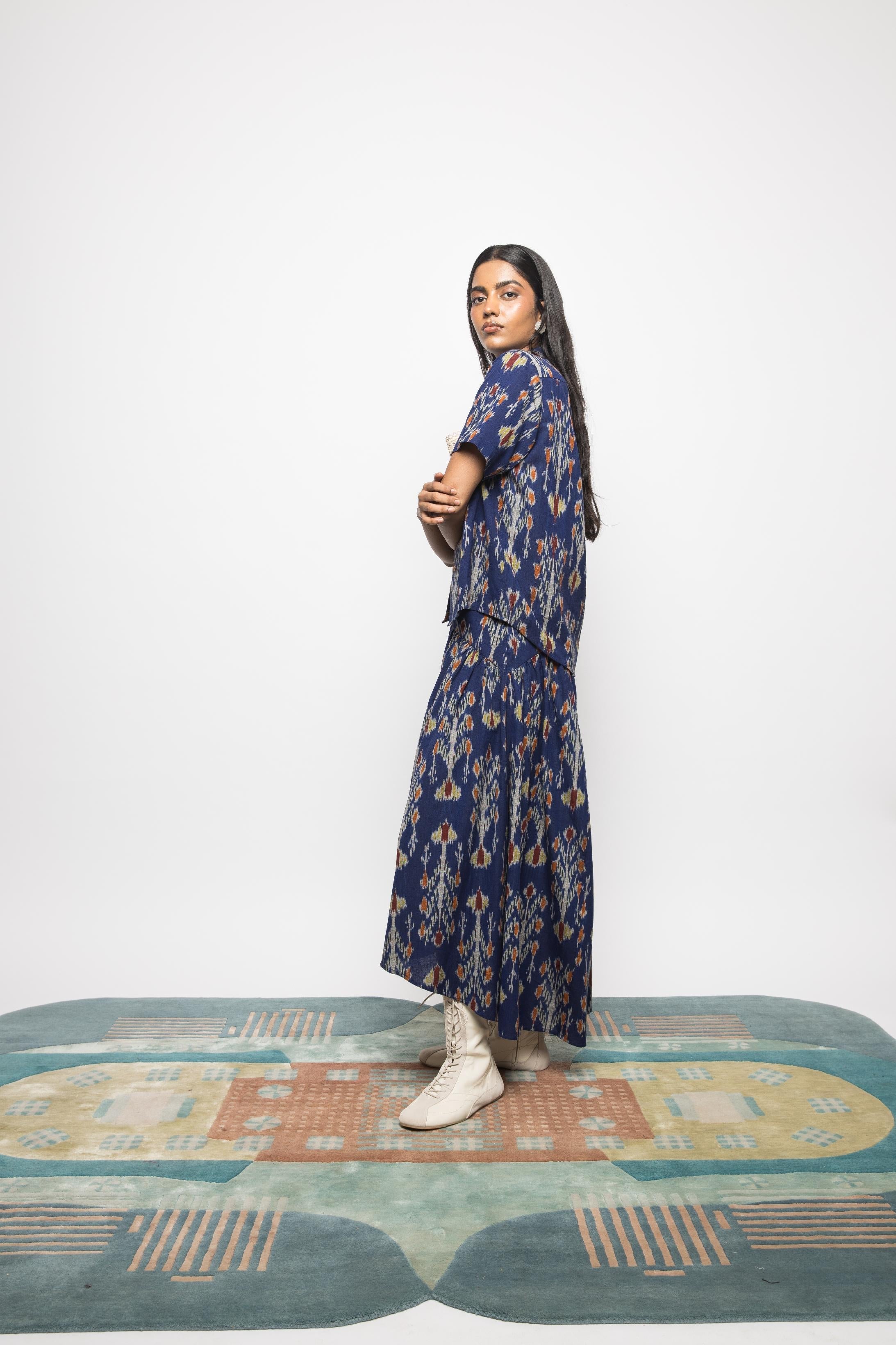 Boxy Breeze Shirt at kamakhyaa.com by Anushé Pirani. This item is 100% Cotton, Beach Wear, Blue, Casual Wear, Console Collection List, Cotton, Fresh Ink by Anushe Pirani, Handwoven cotton, Ikat Prints, Regular Fit, Royal Blue, Vacation Wear, Womenswear