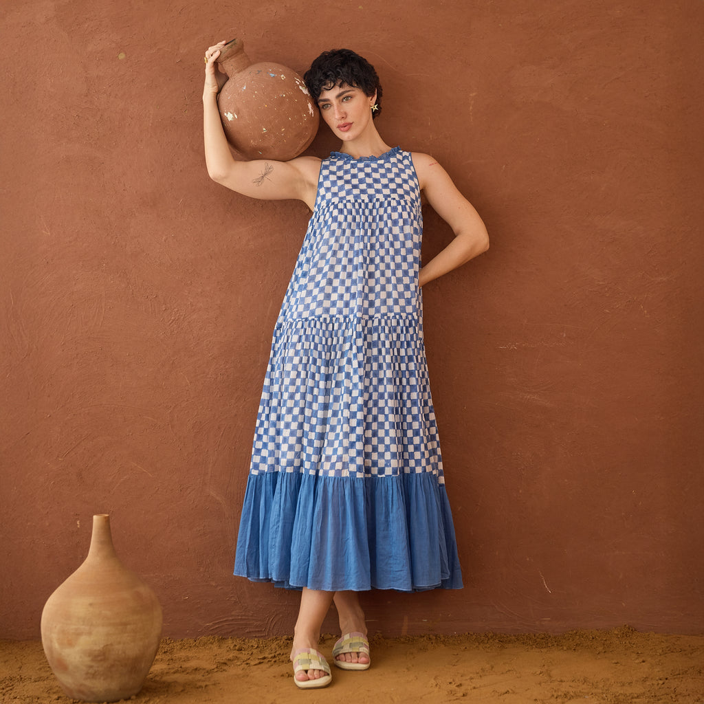 Breezy Blues at Kamakhyaa by Taro. This item is Artisan made, Blue, Cotton Mulmul, Handblock Printed, Sleeveless Dresses, Under $50, Whispers of Summer by Taro