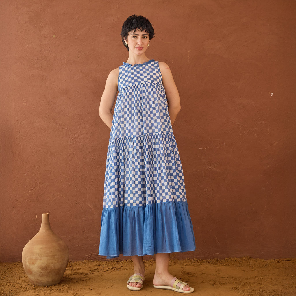 Breezy Blues at Kamakhyaa by Taro. This item is Artisan made, Blue, Cotton Mulmul, Handblock Printed, Sleeveless Dresses, Under $50, Whispers of Summer by Taro