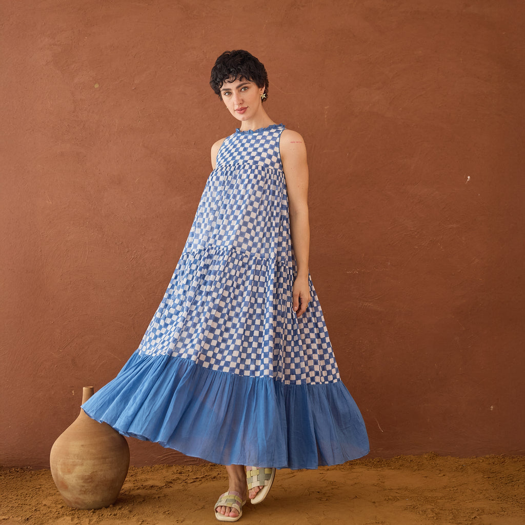 Breezy Blues at Kamakhyaa by Taro. This item is Artisan made, Blue, Cotton Mulmul, Handblock Printed, Sleeveless Dresses, Under $50, Whispers of Summer by Taro