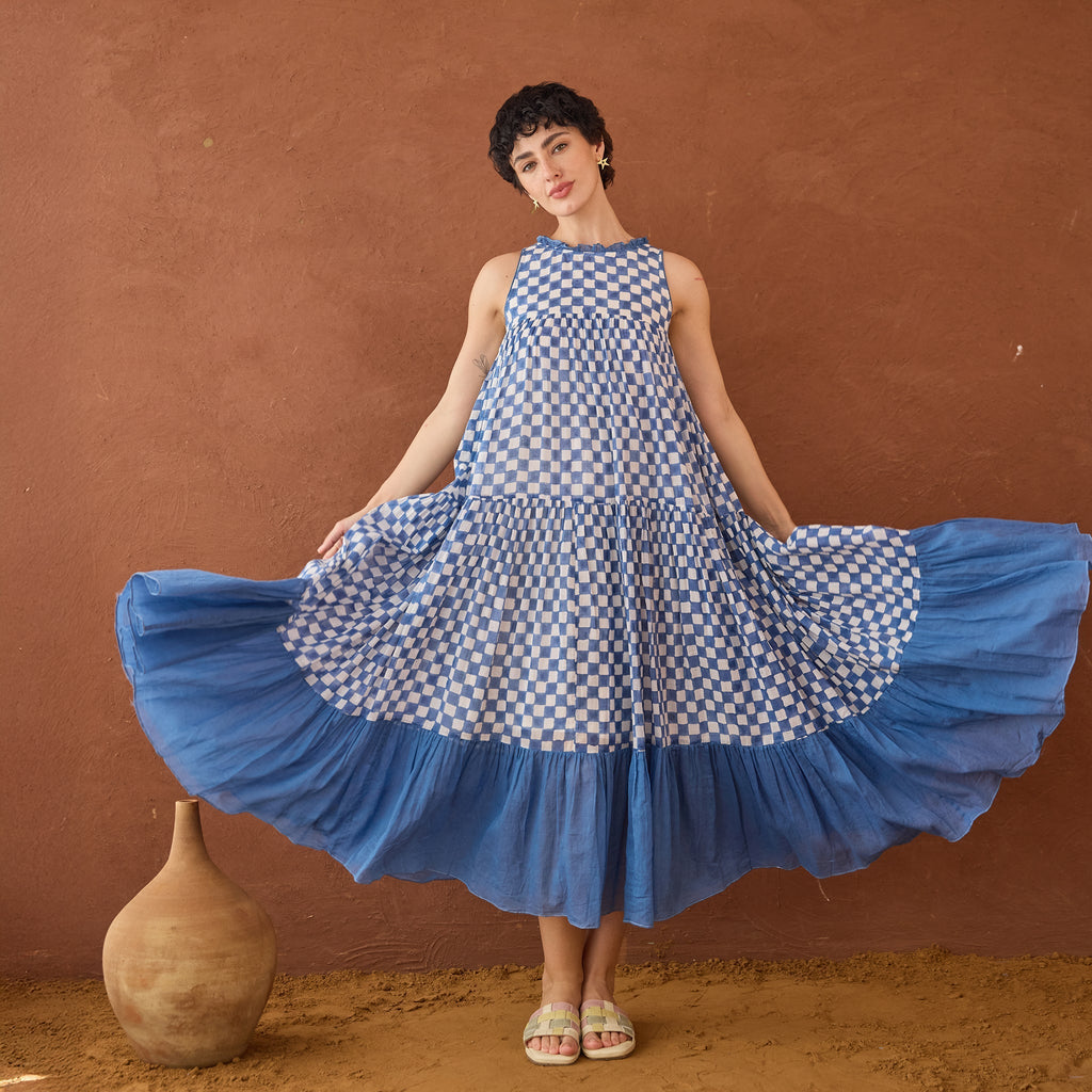 Breezy Blues at Kamakhyaa by Taro. This item is Artisan made, Blue, Cotton Mulmul, Handblock Printed, Sleeveless Dresses, Under $50, Whispers of Summer by Taro