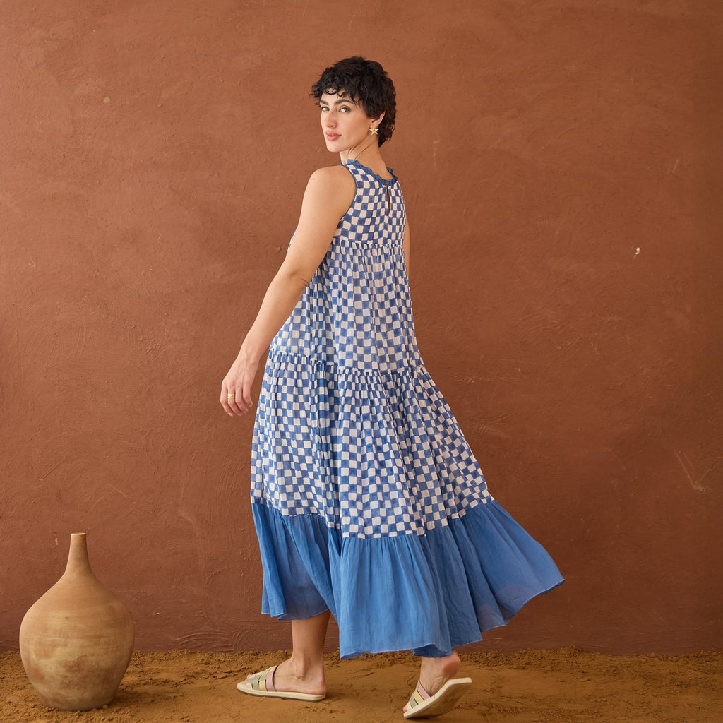 Breezy Blues at Kamakhyaa by Taro. This item is Artisan made, Blue, Cotton Mulmul, Handblock Printed, Sleeveless Dresses, Under $50, Whispers of Summer by Taro