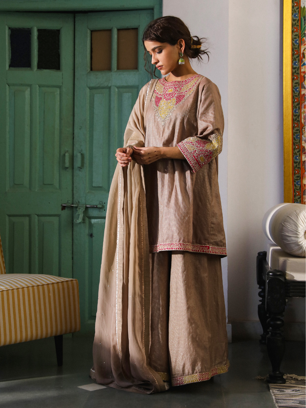 Brown Chanderi Silk Organza Kurta Set with Dupatta at Kamakhyaa by RoohbyRidhimaa. This item is Brown, Chanderi Silk, Dupattas, Embroidered, Festive Wear, Kurta Set with Dupattas, Organza, Relaxed Fit, Silk Chanderi, Toxin free