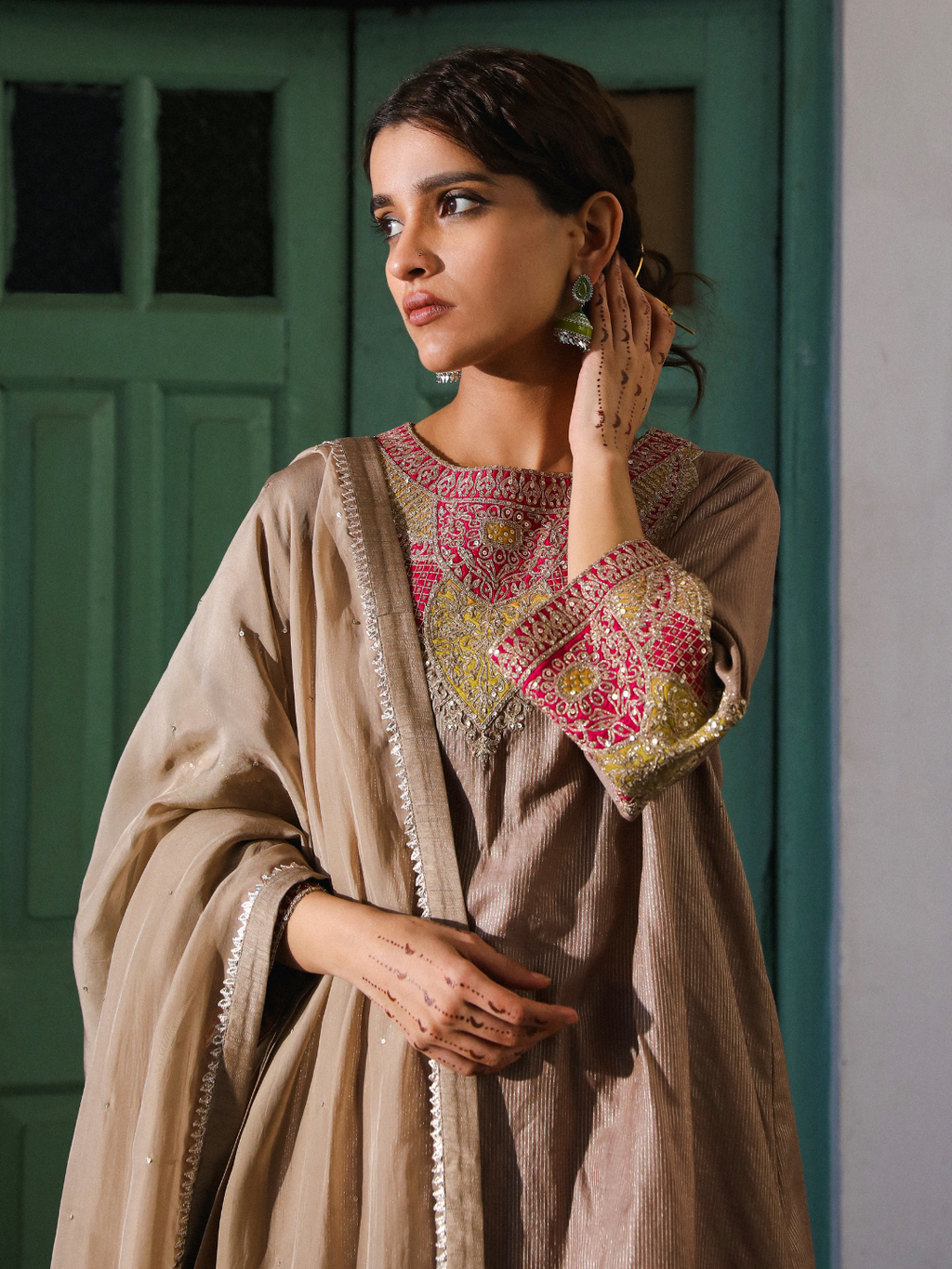 Brown Chanderi Silk Organza Kurta Set with Dupatta at Kamakhyaa by RoohbyRidhimaa. This item is Brown, Chanderi Silk, Dupattas, Embroidered, Festive Wear, Kurta Set with Dupattas, Organza, Relaxed Fit, Silk Chanderi, Toxin free