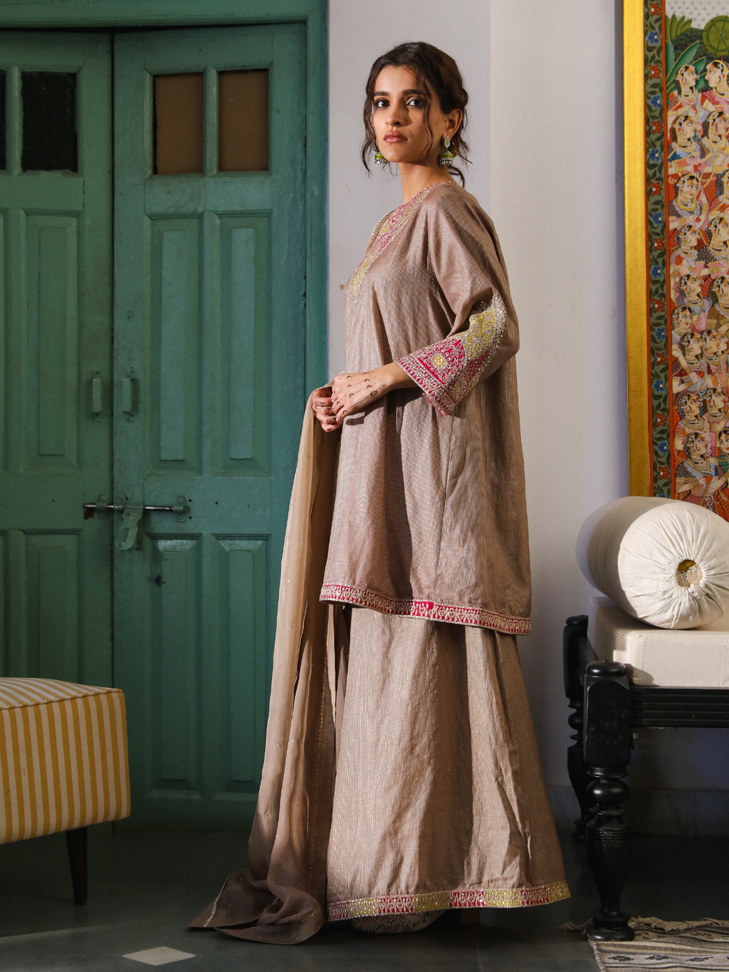Brown Chanderi Silk Organza Kurta Set with Dupatta at Kamakhyaa by RoohbyRidhimaa. This item is Brown, Chanderi Silk, Dupattas, Embroidered, Festive Wear, Kurta Set with Dupattas, Organza, Relaxed Fit, Silk Chanderi, Toxin free