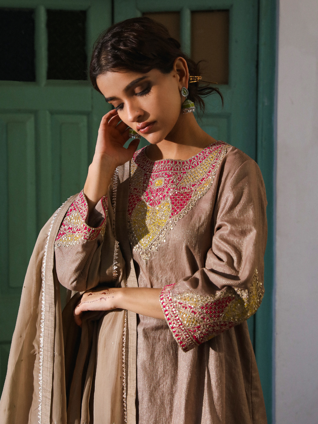 Brown Chanderi Silk Organza Kurta Set with Dupatta at Kamakhyaa by RoohbyRidhimaa. This item is Brown, Chanderi Silk, Dupattas, Embroidered, Festive Wear, Kurta Set with Dupattas, Organza, Relaxed Fit, Silk Chanderi, Toxin free