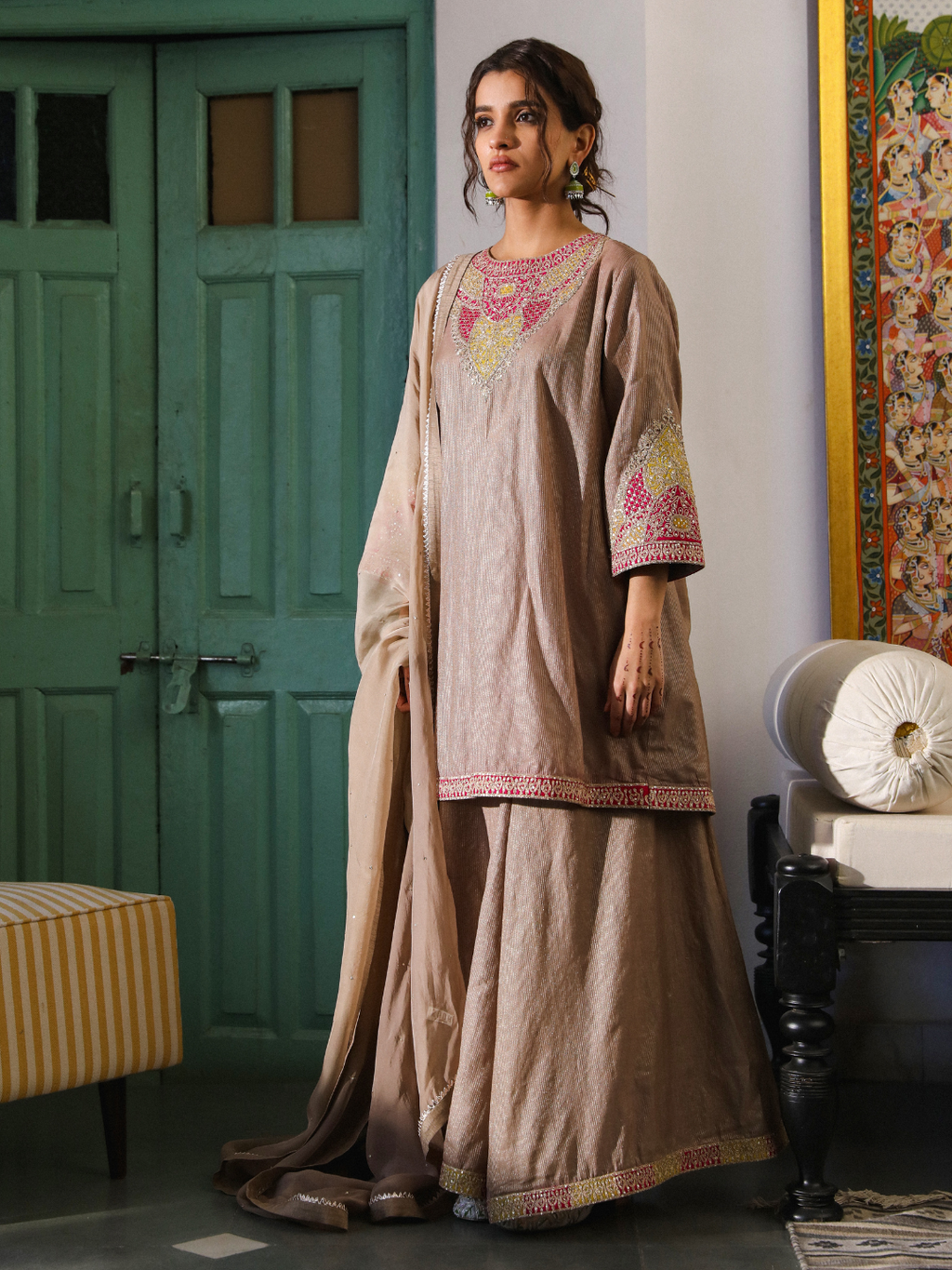 Brown Chanderi Silk Organza Kurta Set with Dupatta at Kamakhyaa by RoohbyRidhimaa. This item is Brown, Chanderi Silk, Dupattas, Embroidered, Festive Wear, Kurta Set with Dupattas, Organza, Relaxed Fit, Silk Chanderi, Toxin free