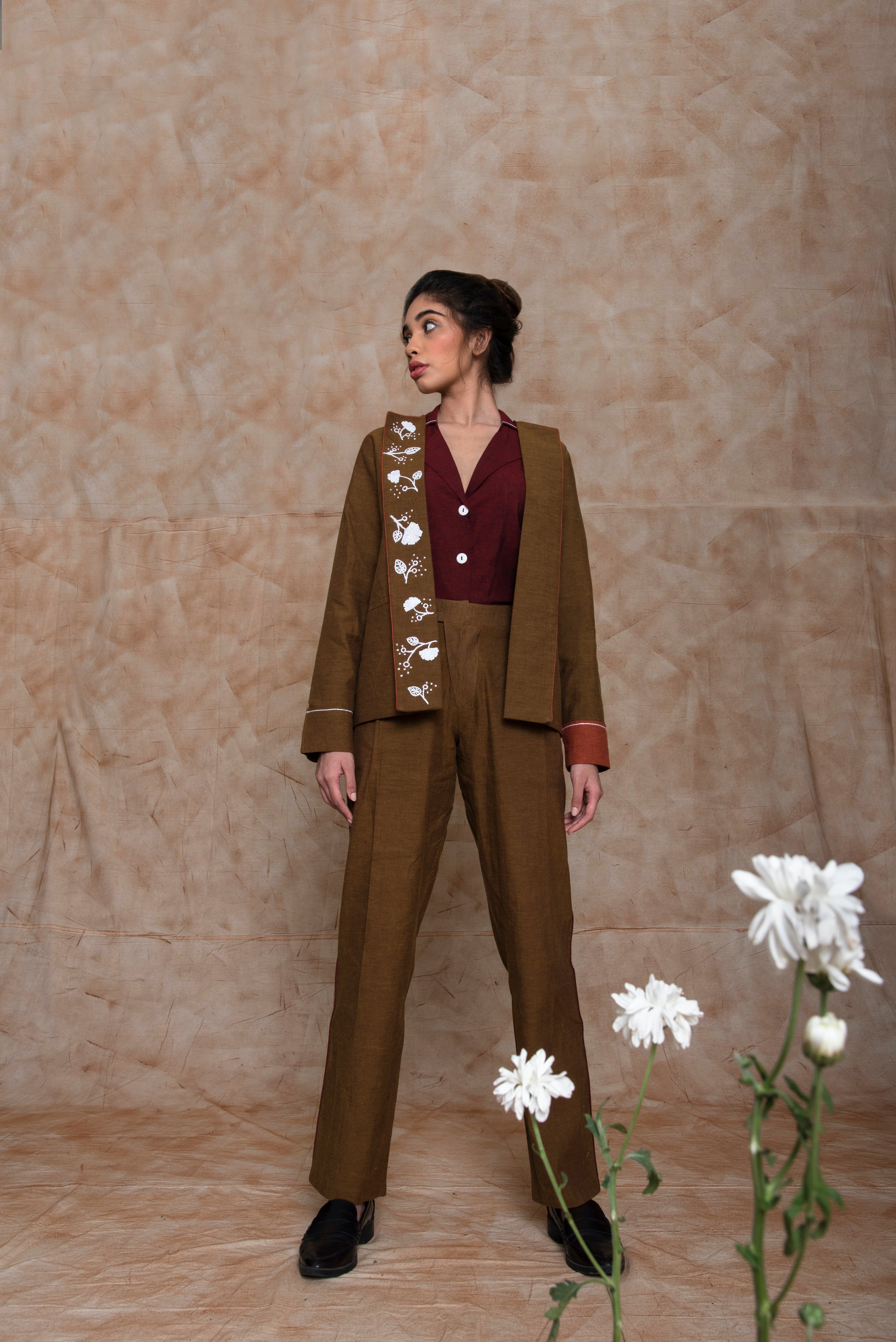 Brown Custom Jacket at kamakhyaa.com by Anushé Pirani. This item is Brown, Embroidered, Jackets, Natural, Ocean of Stories, Ocean of Stories by Anushe Pirani, Office Wear, Relaxed Fit, Winter Products, Womenswear