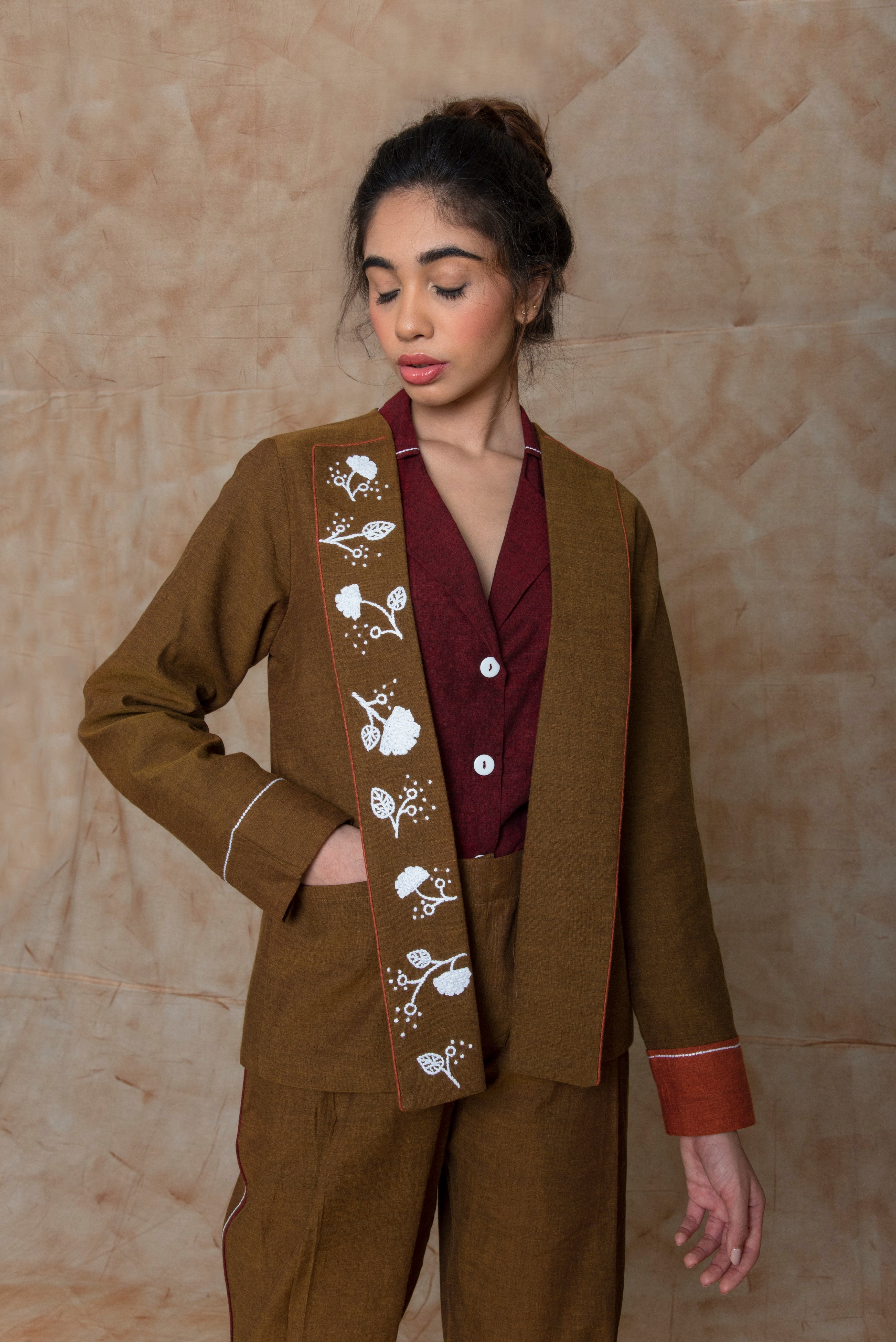 Brown Custom Jacket at kamakhyaa.com by Anushé Pirani. This item is Brown, Embroidered, Jackets, Natural, Ocean of Stories, Ocean of Stories by Anushe Pirani, Office Wear, Relaxed Fit, Winter Products, Womenswear